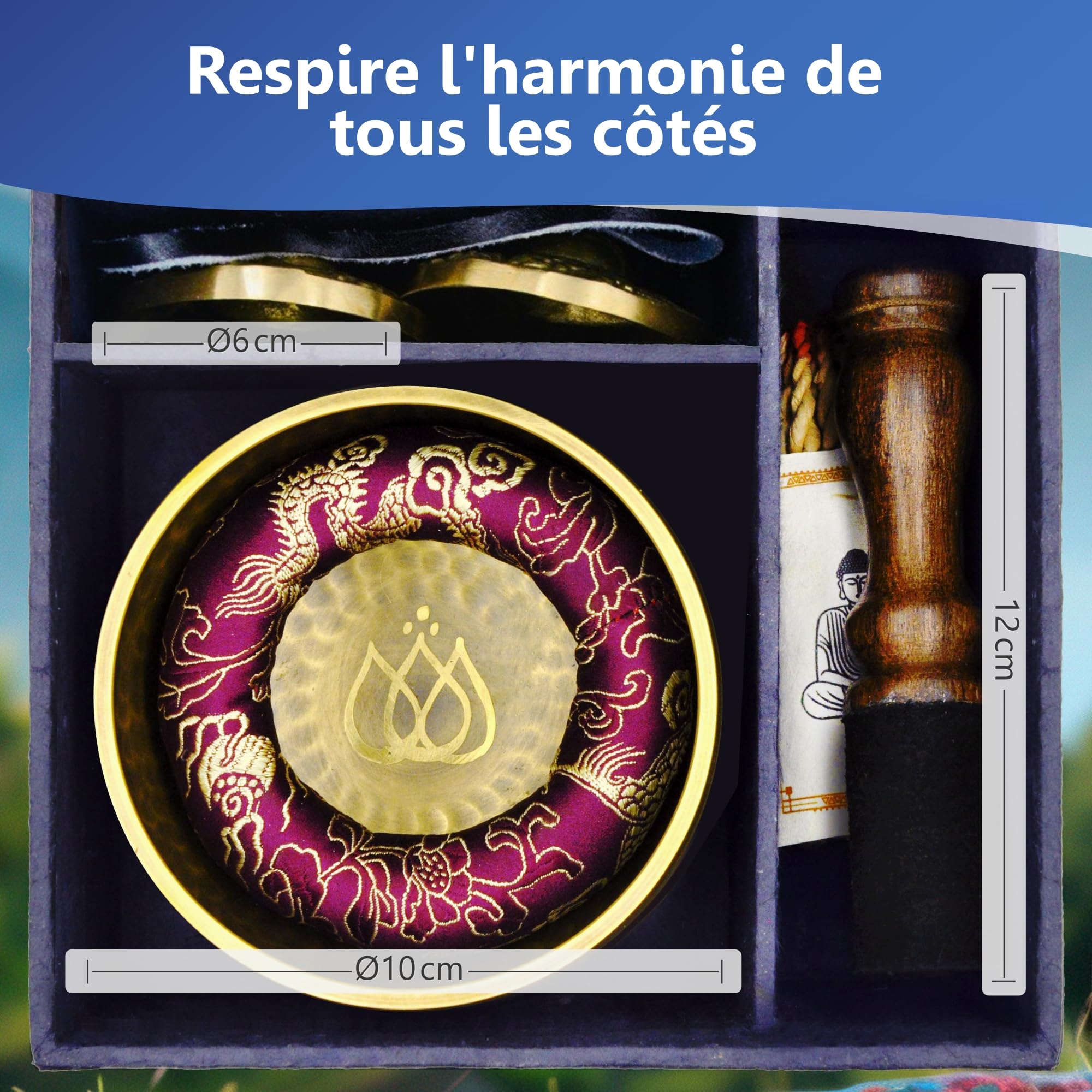 Bol Tibétain – Bol Chantant Ø10 cm Martelé à la Main au Népal – Tingsha Tibétain – Cordelette Encens Népalais – Brûleur – Coffret Papier Lokta – Accessoires Méditation – Yoga e Zen