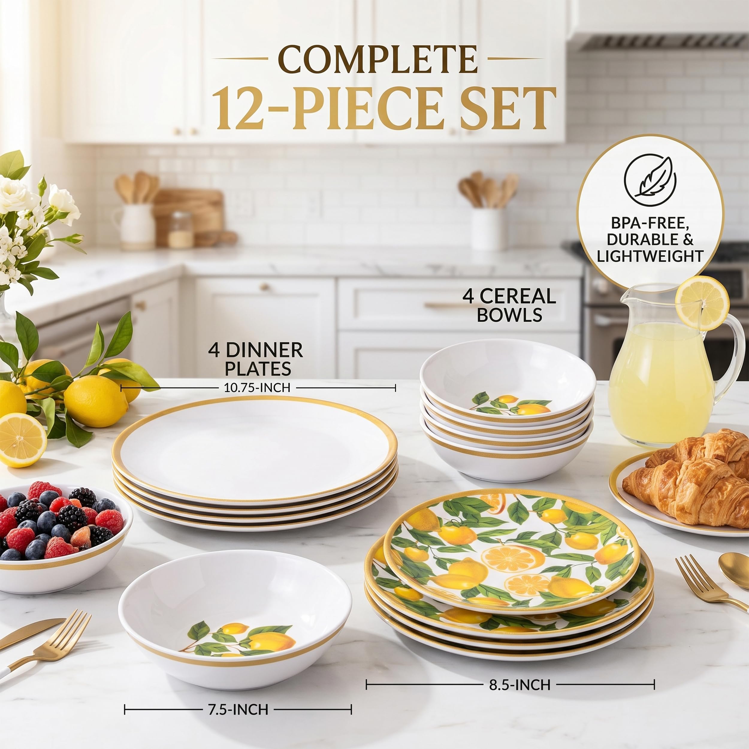 Melamin-Geschirr-Set, 12-teilig für 4 Personen, Zitronen-Design, BPA-frei, für drinnen und draußen