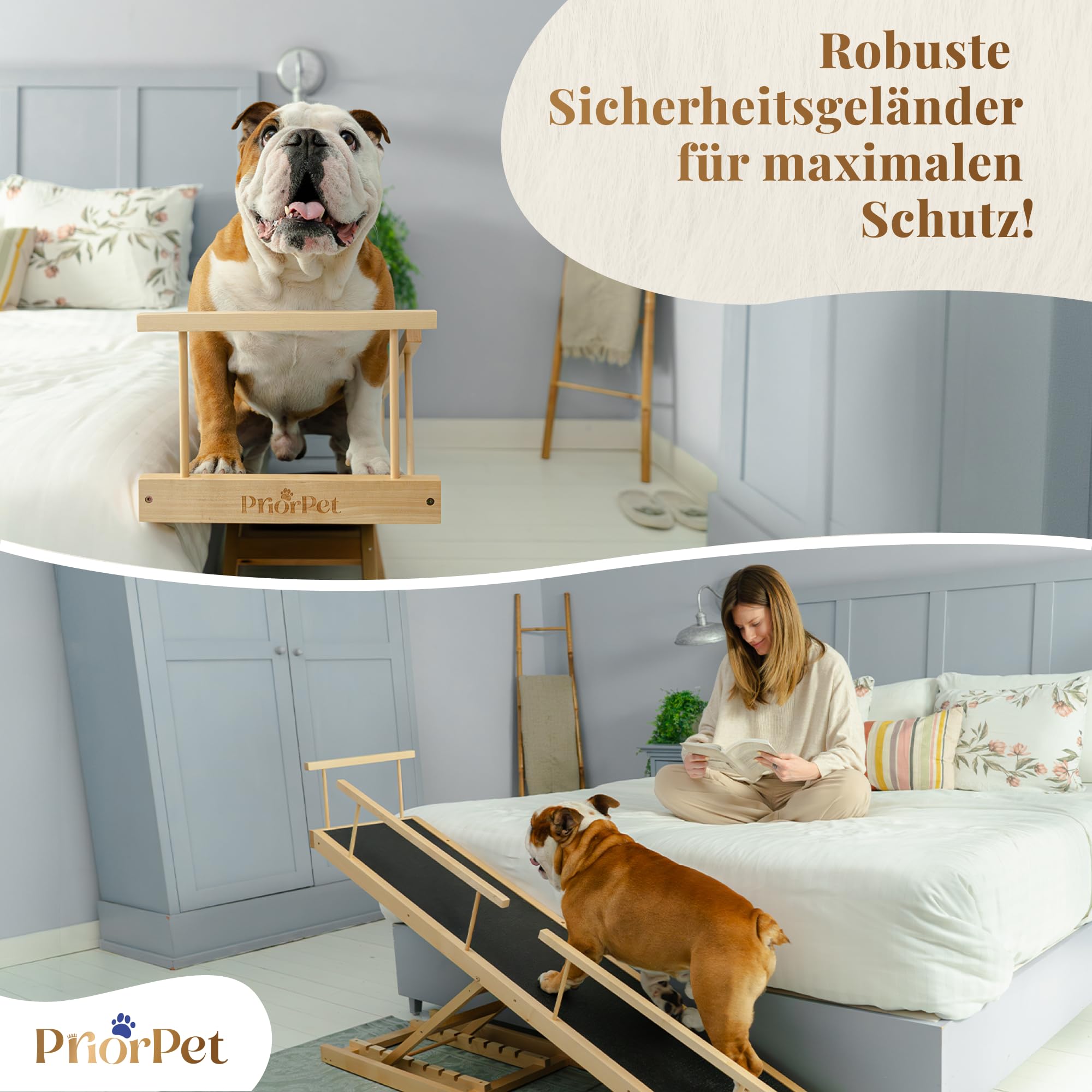 Hunderampe Bett PRIORPET aus Birkenholz mit Sicherheitsgeländer - Höhenverstellbare hundetreppe für Betten bis zu 94.5cm - Klappbar - Anti-Rutsch-Griff - Für kleine Hunde bis zu 23kg - Naturel