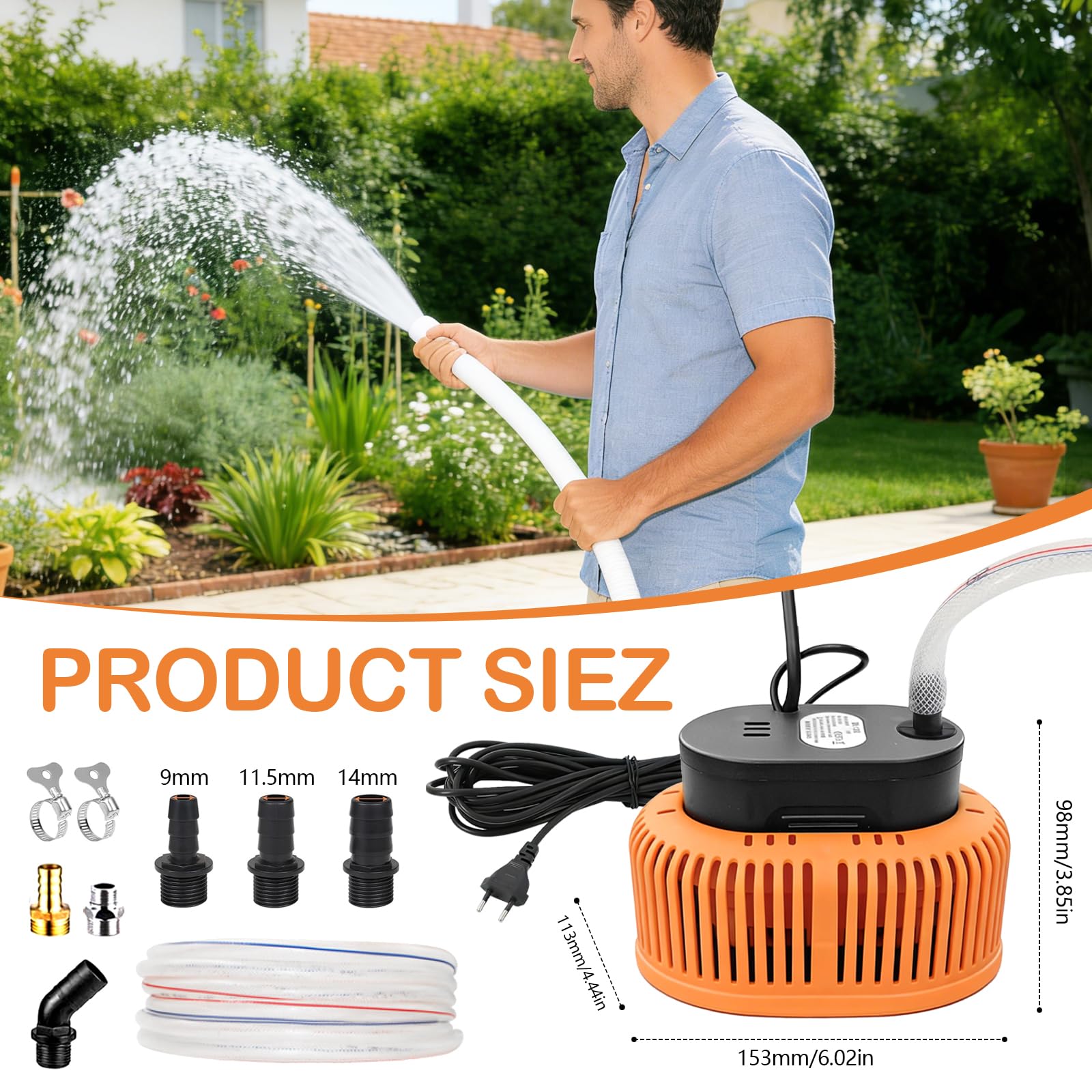 Pompa Sommergibile Acque Scure, Pompa Sommersa 75W 3200L/H pompa di Scarico per Copertura con Cavo da 7,2 m, 6 Adattatori Diversi, Tubo da 5 m Protezione Dalla Mancanza d'acqua