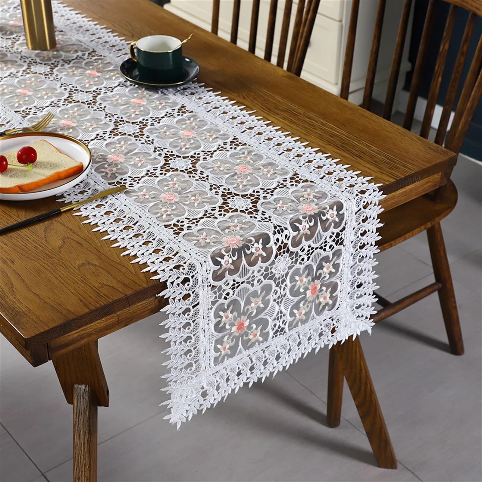 Koronkowy bieżnik na stół, Bieżnik z koronkowym haftem w kształcie róży(01,40x310cm 1pcs)