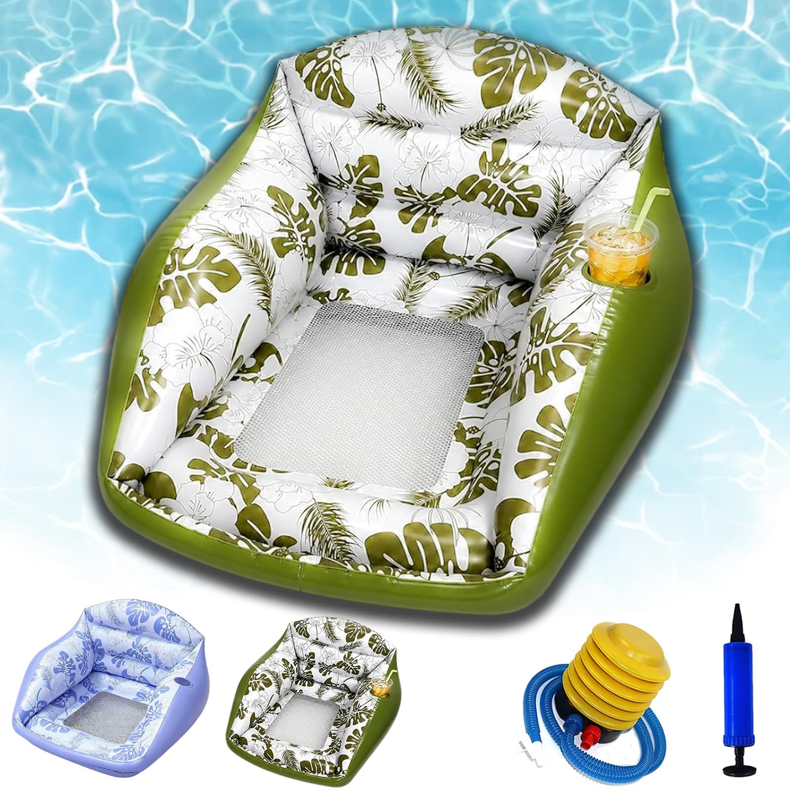 3-in-1 Inflatable Pool Lounge Chair for Adults, U-Shaped Water Sofa Float with Cup Holder & Cooling Mesh Seat, Heavy Duty Floating Hammock for Lake Beach River Party Summer Vacation (GREEN)