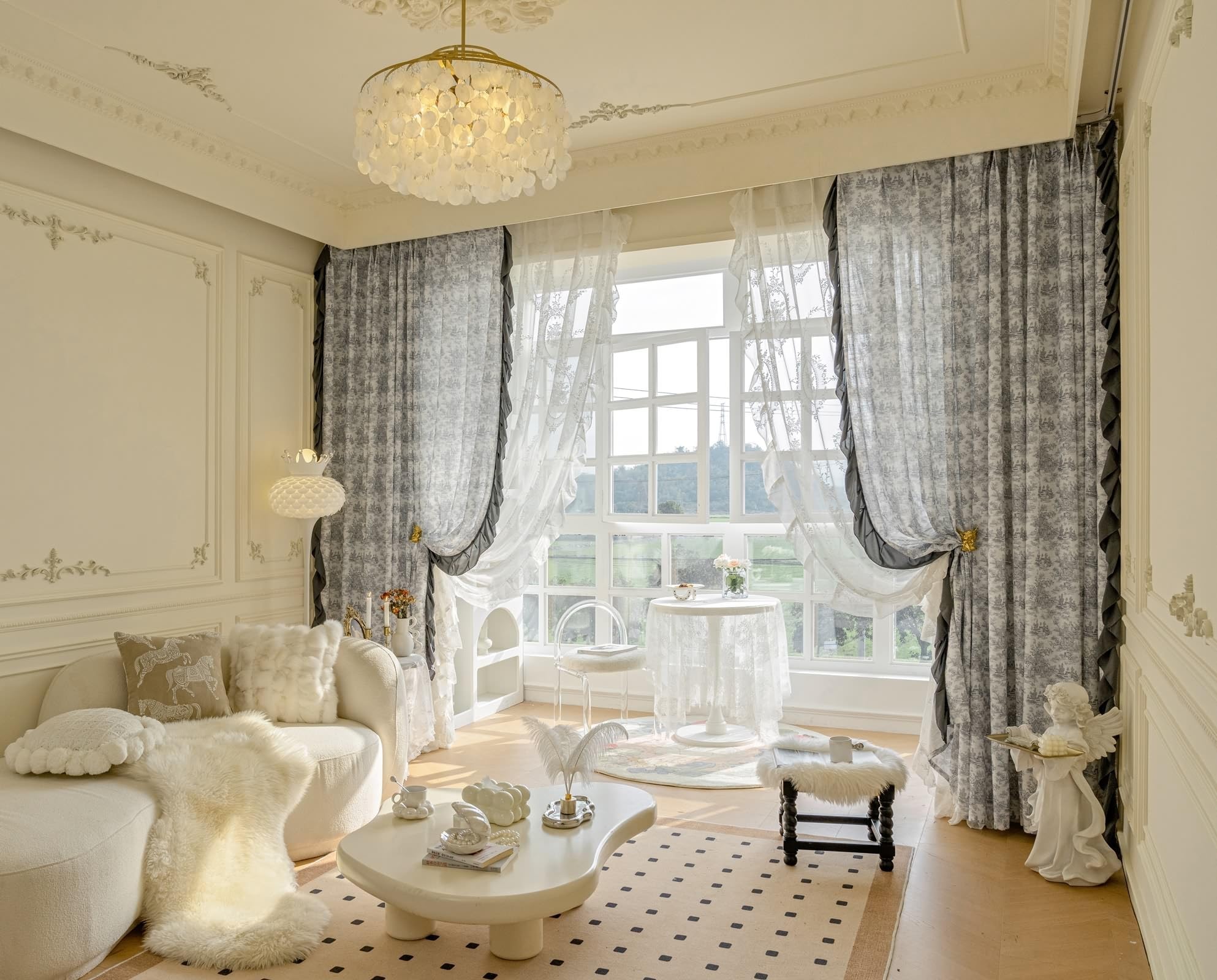 Epinki Voilage Rideaux Chambre Fleur Imprimé avec Volants Bleu Gris Coton Polyester 102x160cm Rideau à Oeillets, Lot de 2