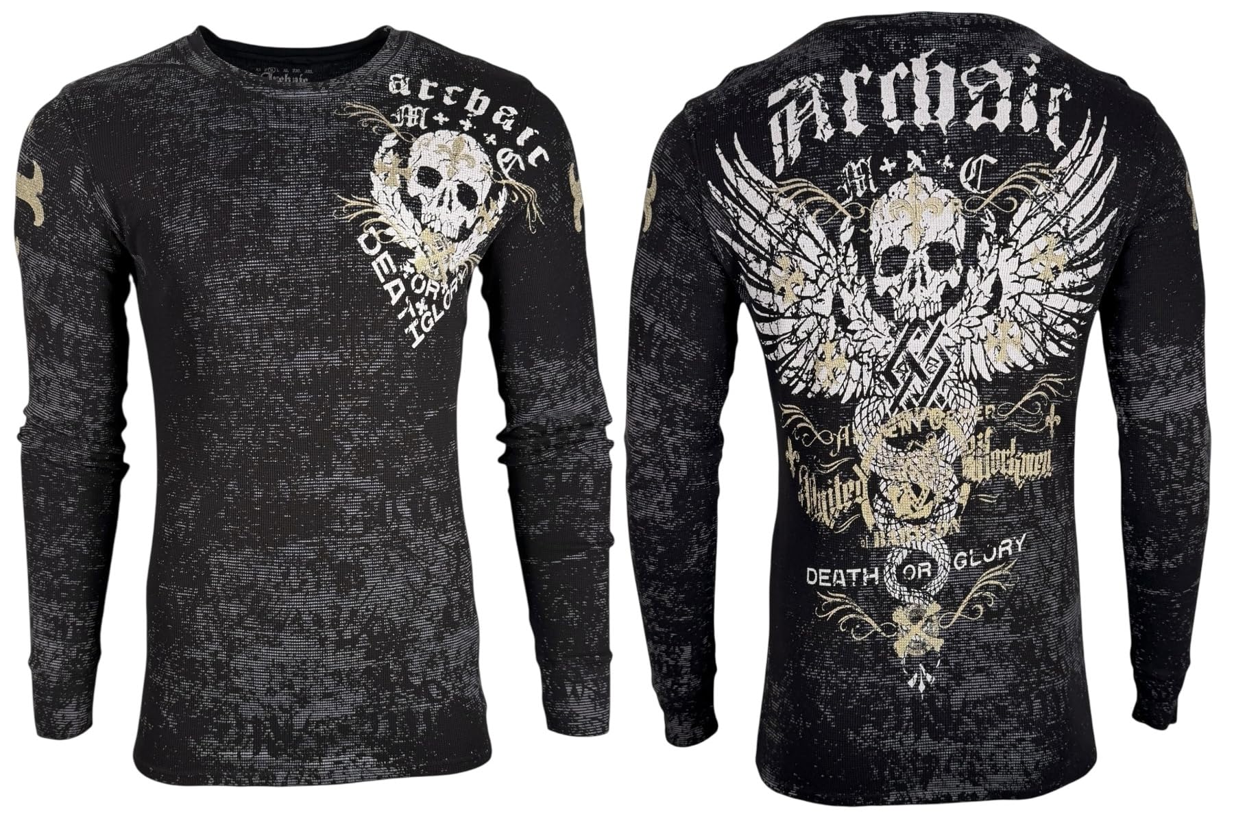 Archaic by Affliction Męska koszulka termiczna z długim rękawem, czarna, czaszka i skrzydła, projekt graficzny