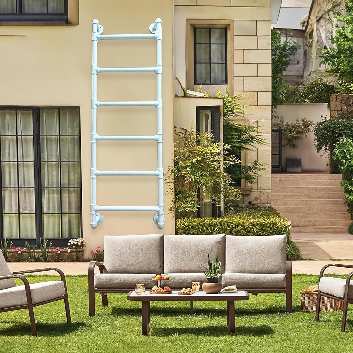 Attic Ladder Wall Mounted Metal Ladders for Loft Climbing Ladders, White Iron Bunk Bed Ladder Fire Escape Ladder for Outdoor Roof/Garage,150cm/59in