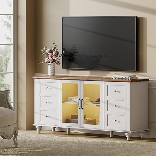 Miniatura 3 de WAMPAT Soporte de TV con luz LED de granja para televisores de hasta 75 pulgadas, soporte universal de TV de vidrio y madera con 4 puertas de