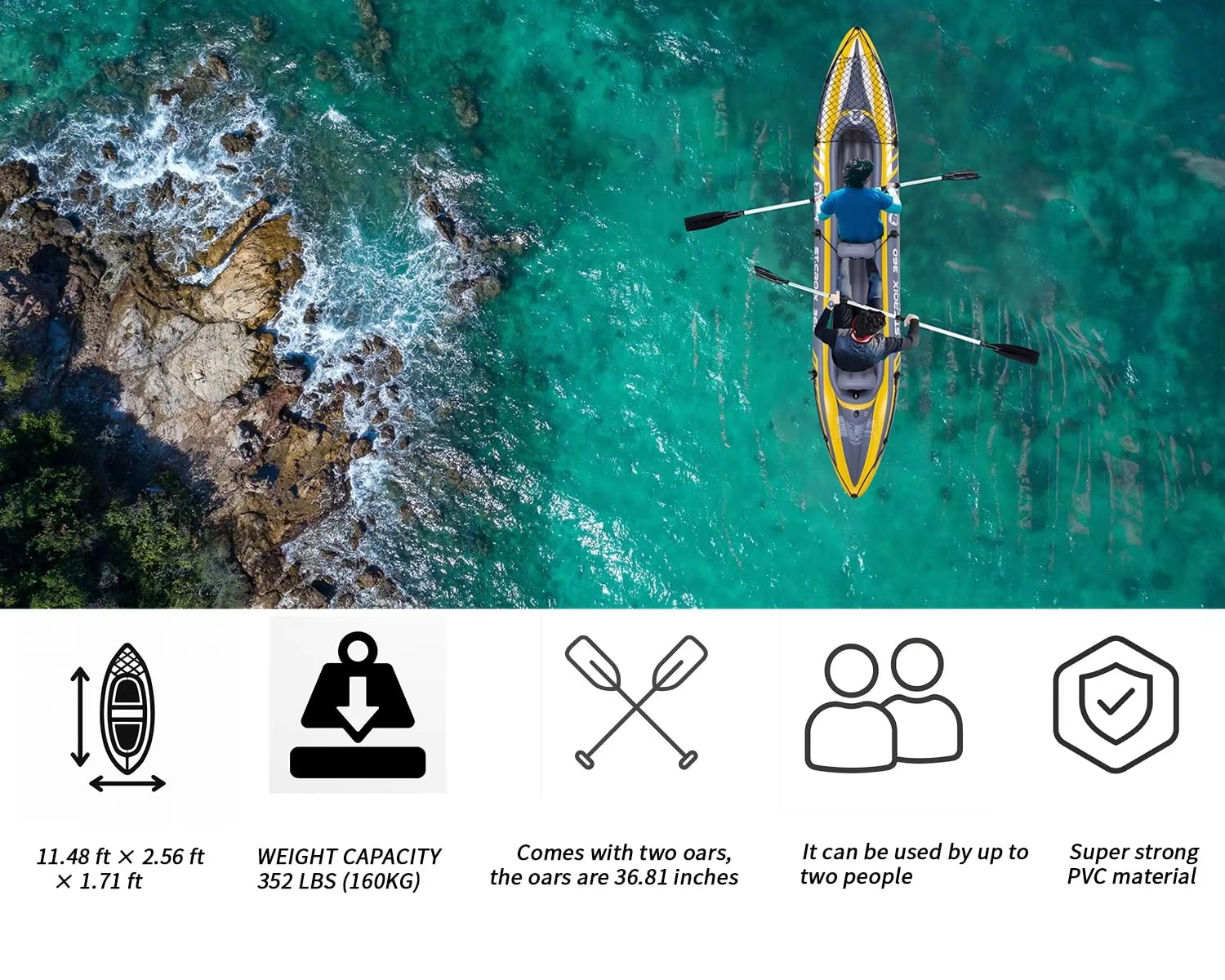 Kayak Hinchable 2 plazas Double Inflatable Kayak, MAX 180kg with Oars and Pump Portable Barca Hinchable Kayak with Inflatable Seats Carrying Bag for Lake River Outdoor