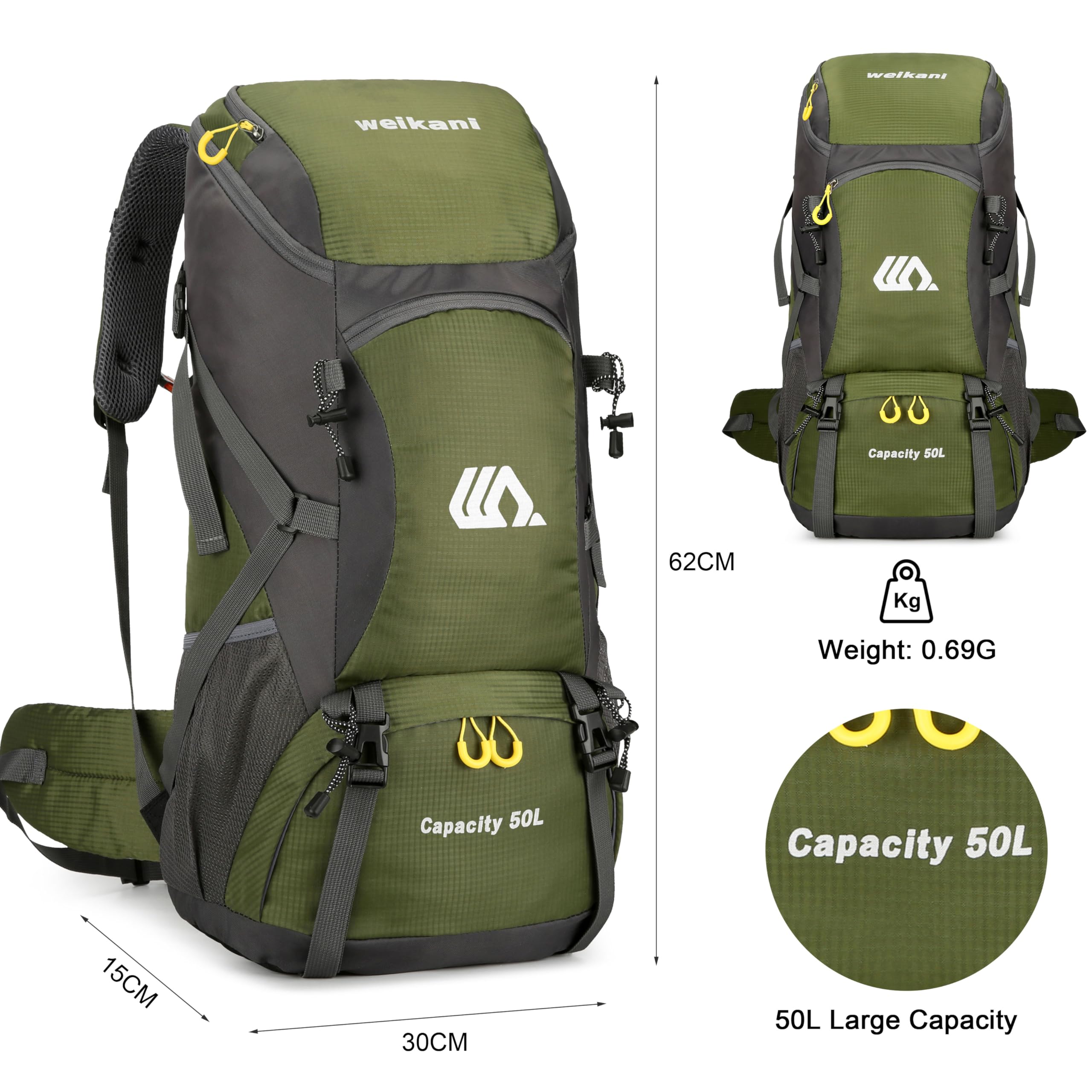 Zaino da trekking da 50 l, impermeabile, borsa multifunzione con copertura antipioggia, zaino di grande capacità, per uomo e donna, alpinismo, arrampicata, viaggi,