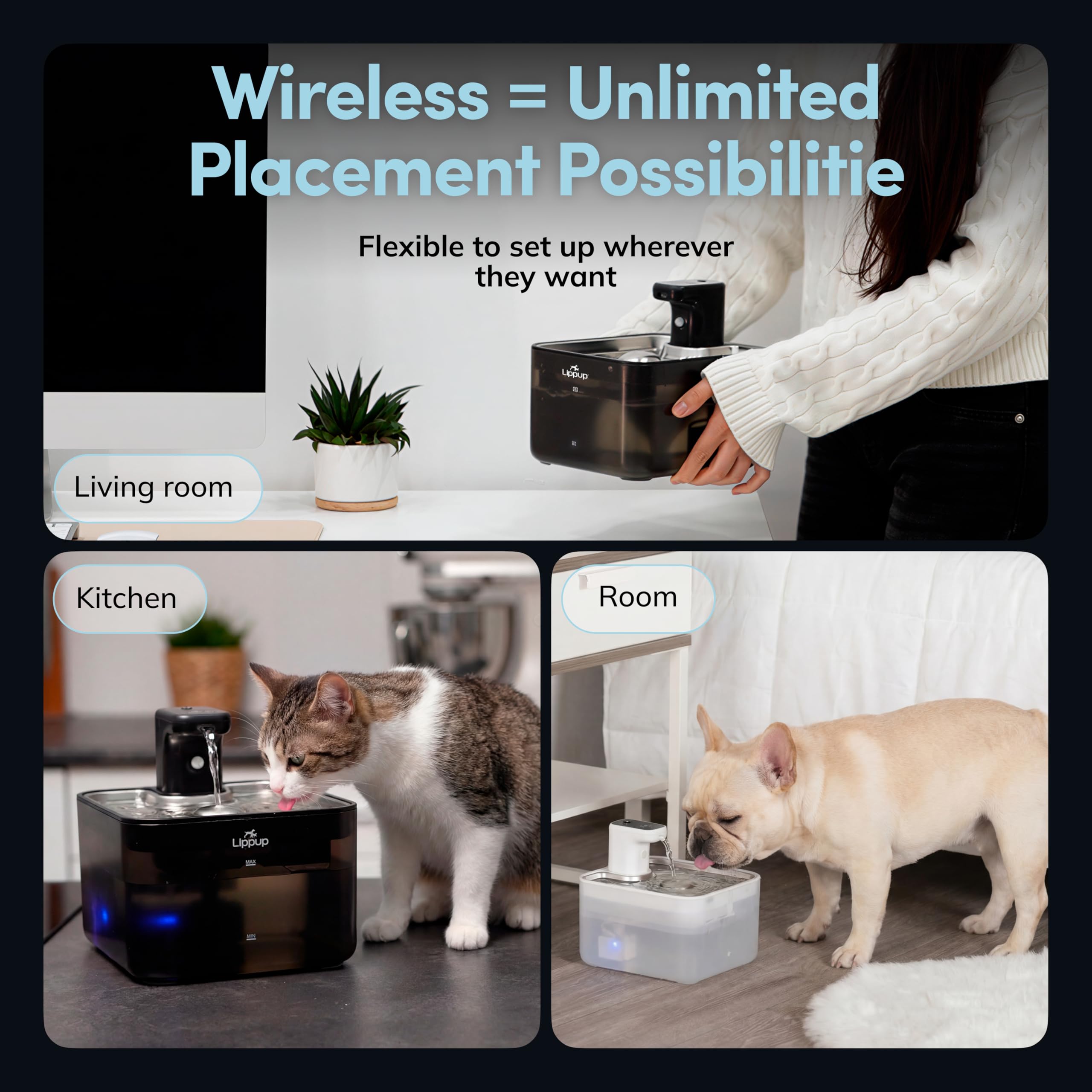 Fuente de agua inalámbrica para gatos, 2.6 L, fuente de agua inalámbrica para gatos de interior, funciona con pilas, con sensor de movimiento, bomba ultra silenciosa, sin BPA, color negro