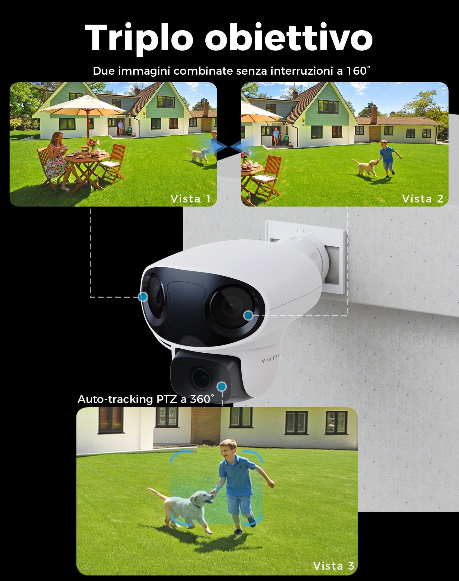 virtavo TL1 Telecamera Wi-Fi Esterno, Tripla Lente con Panorama 160° + PTZ 360°, Visione Notturna a Colori Starlight, Rilevamento AI Avanzato, Audio Bidirezionale, IP66, Senza Abbonamento Obbligatorio