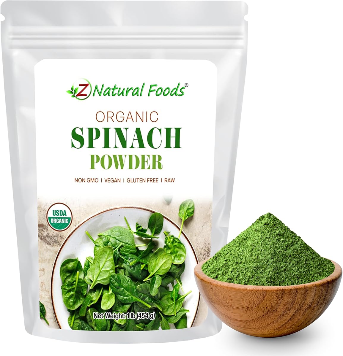 Z Natural Foods Organic Spinach Powder - 100% Pure & Nutrient-Dense Dried Raw Spinach Leaves for Immune & Energy Boost - Fresh Powdered Vegetable, Supports Eye & Heart Health, Vegan, 1 lb