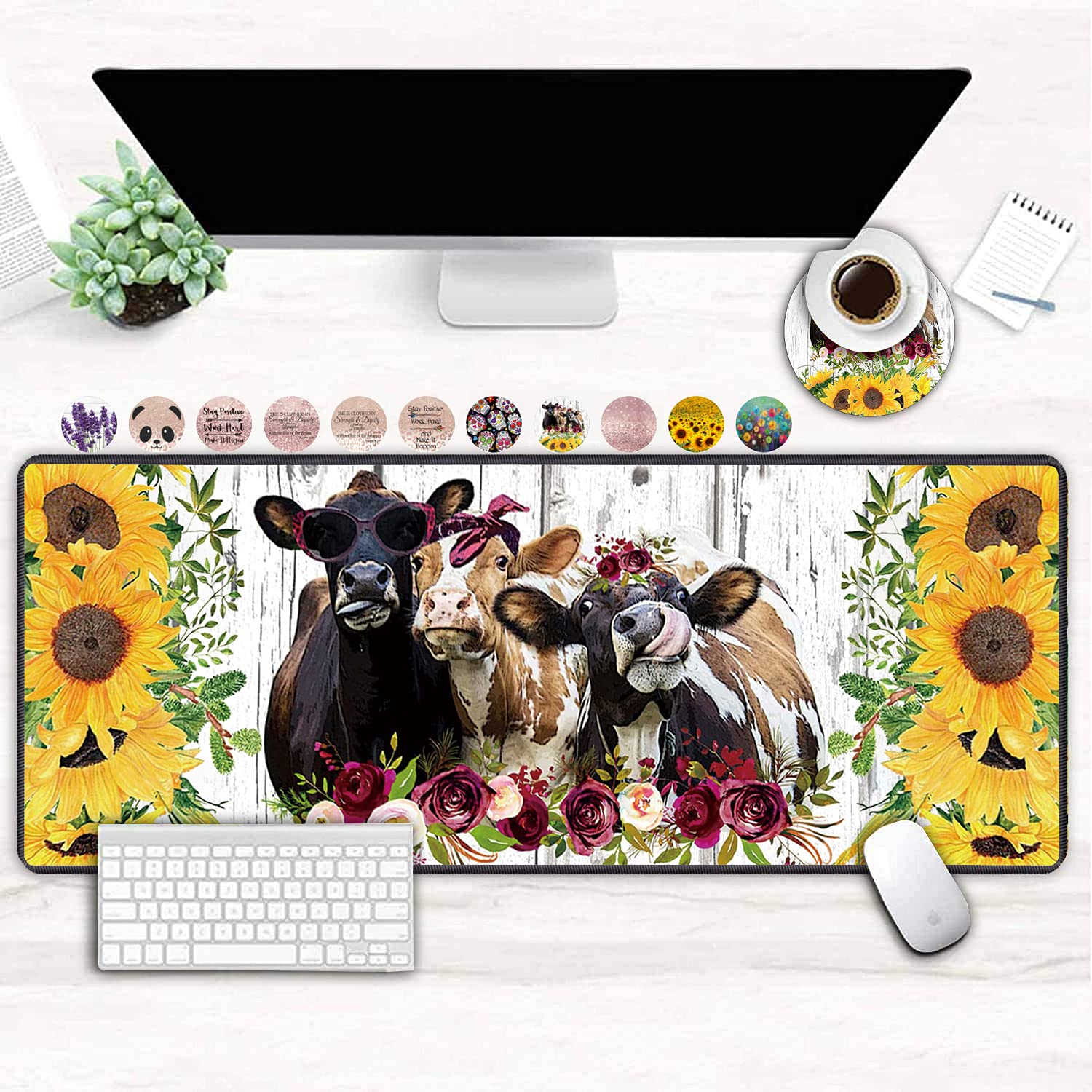 XXL Large Gaming Mouse Pad, Extended Ergonomic for Computers Thick Keyboard Mouse Mat Non-Slip Rubber Base Mousepad with Cup Coaster，Rustic Wooden Planks Texture with Sunflowers and Cows