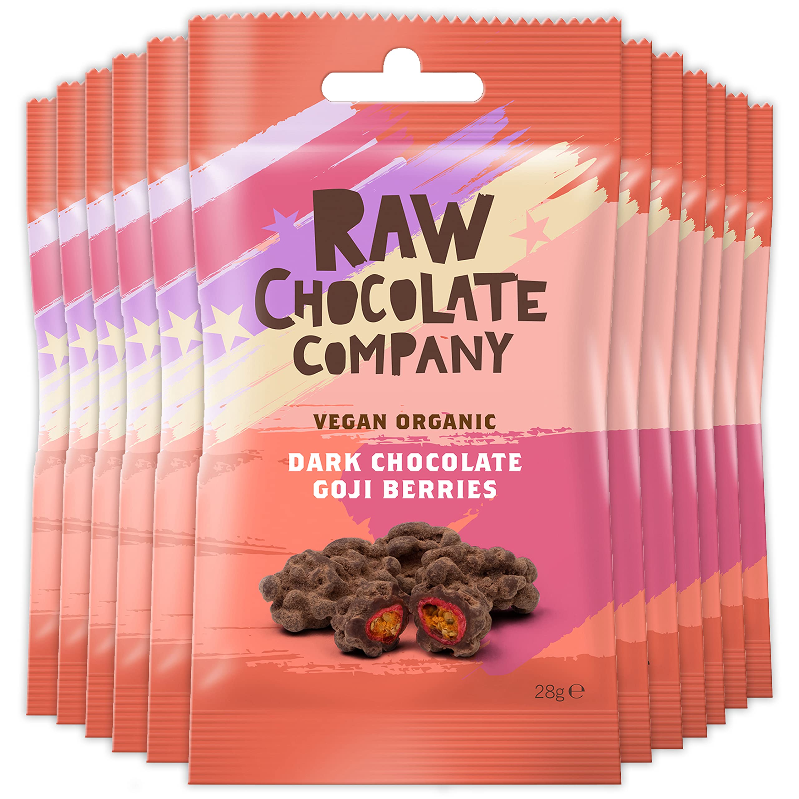 The Raw Chocolate Company Dark Chocolate Goji Berries 28g x 12 - Vegan Organic Raw Lactose Free Chocolate - 72% Cacao - Vegan Snacks - Gluten & Dairy Free Chocolate