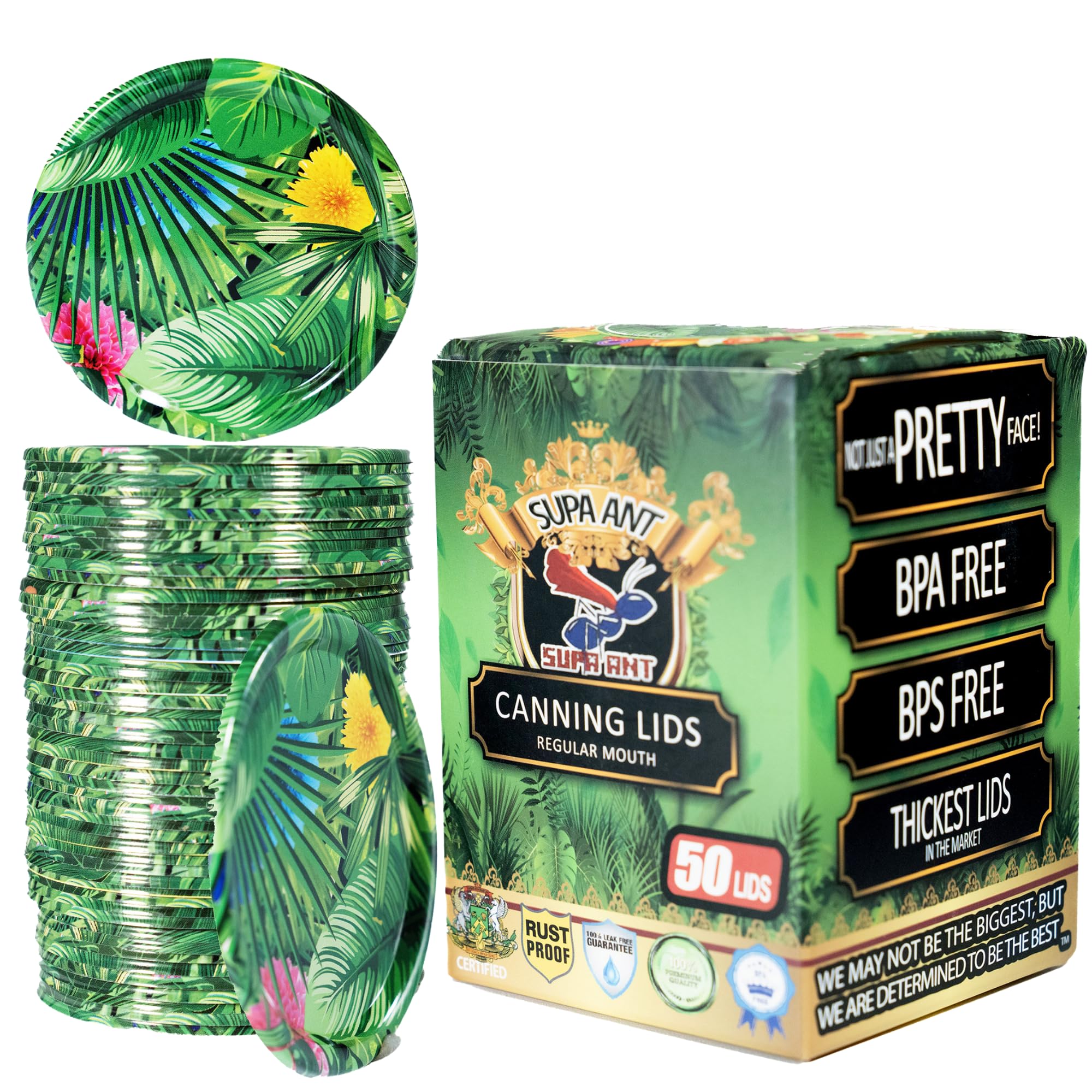 Supa Ant Thickest Canning Lids Regular Mouth (50 Pcs.) Food Grade Tin Can Lids for Canned Food - Buckle Proof & Rust Proof Lid for Canning Kit for
