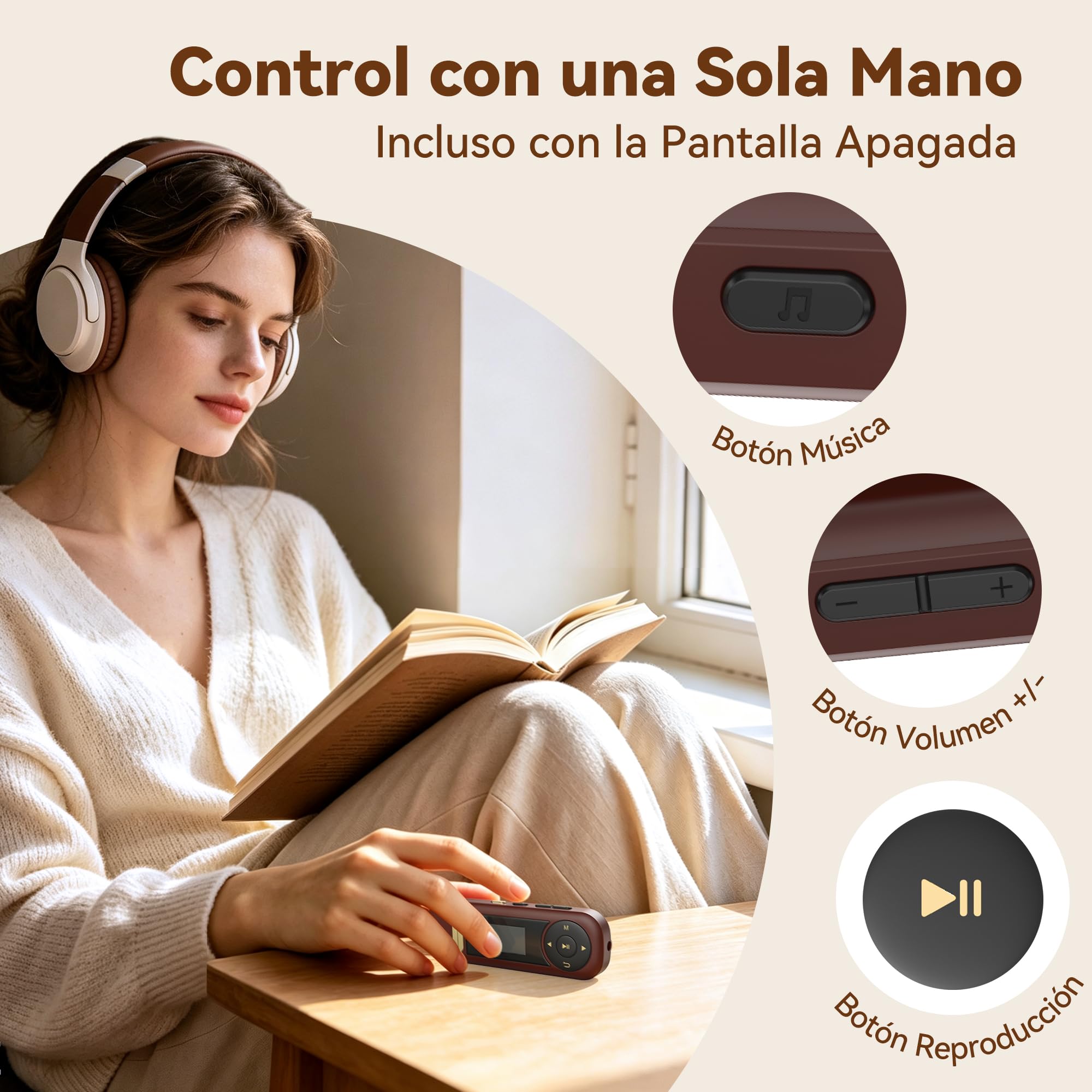 AGPTEK Reproductor MP3 64GB con Clip Bluetooth 5.3 para Deporte Marrón