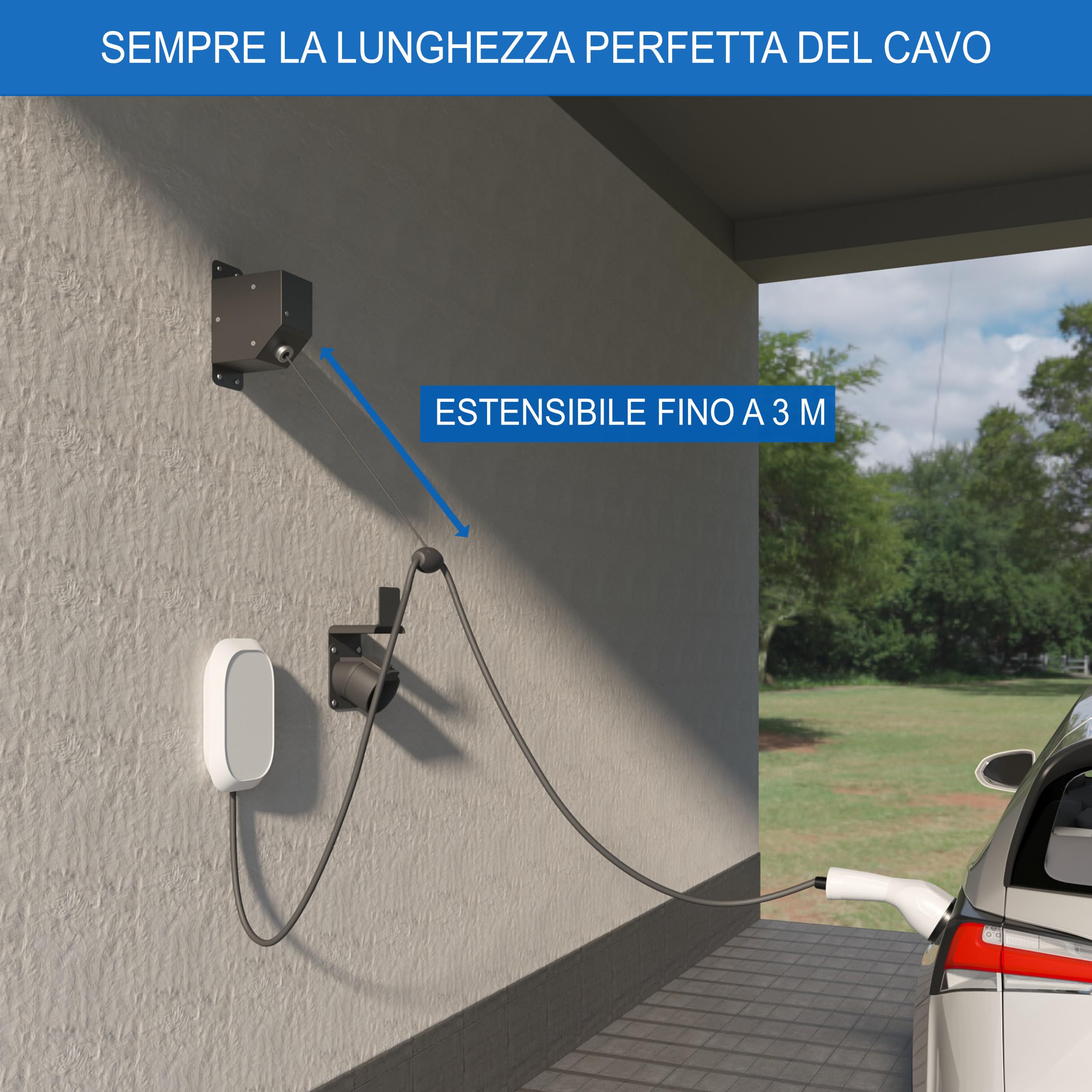 Supporto per cavo automatico di tipo 2 retrattile • Supporto da parete per cavo di ricarica con alloggiamento in acciaio • Ideale per uso esterno