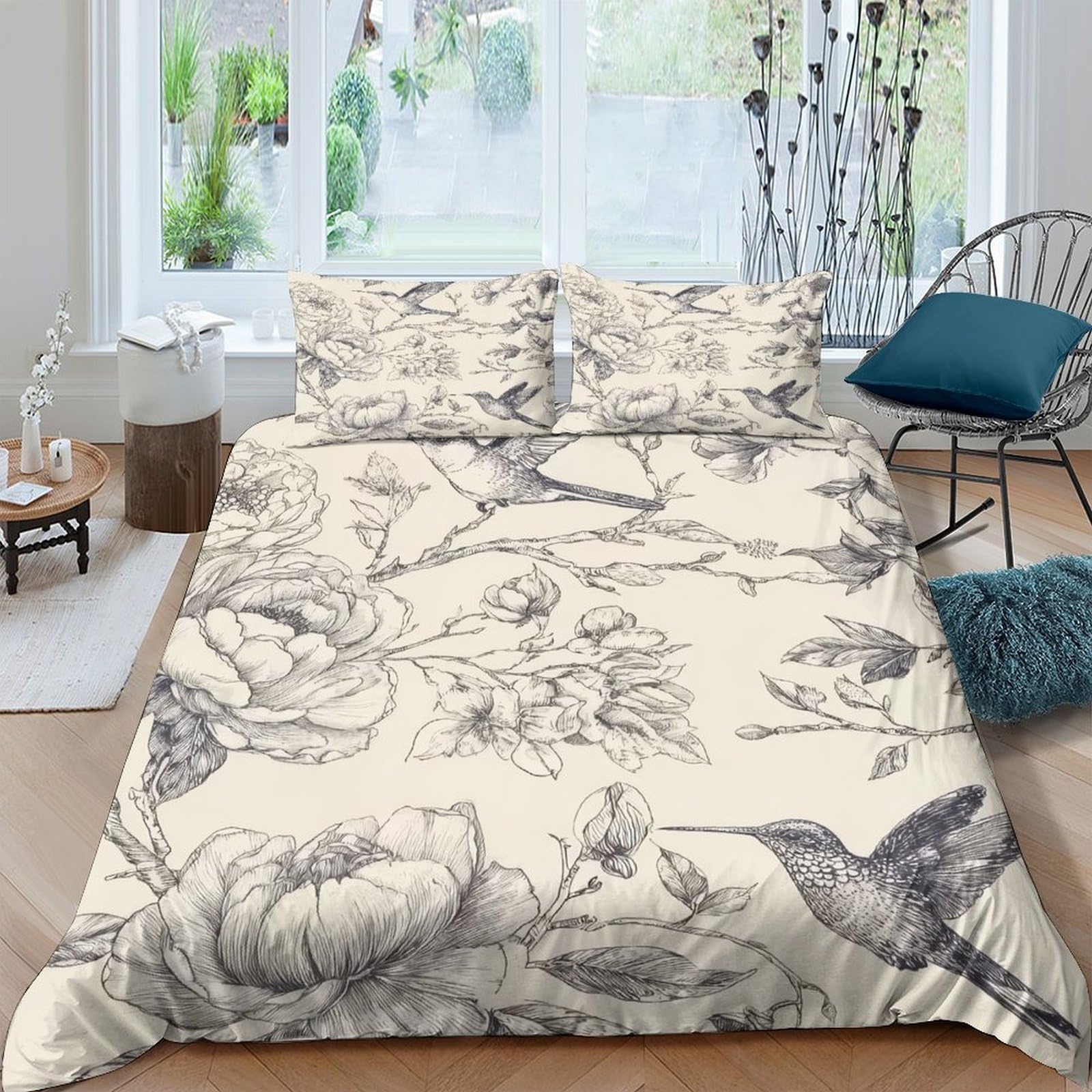 Ctjqhvkz Style-10 3D Printed Vintage Botanical Fitted Sheet Microfiber Non Slip Hummingbird Bed Sheet Machine Washable Bedroom Decor Single（135X200cm）