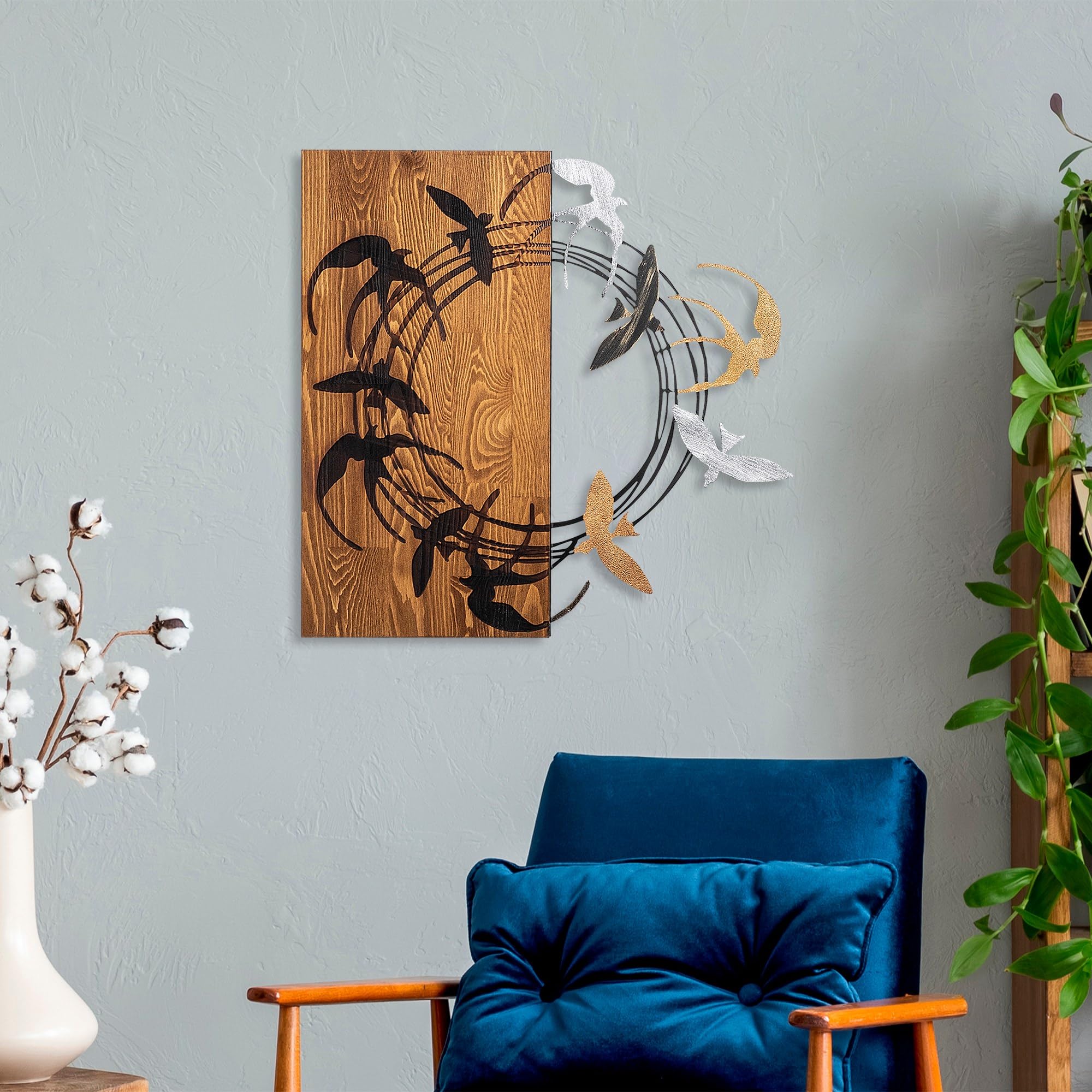 Elegant Decorative Wooden Wall Accessory, 58 x 58 cm, 100% Wooden (3 cm) & Metal (1.5 mm), Stylish Walnut & Black Design, Easy Wall Mounting