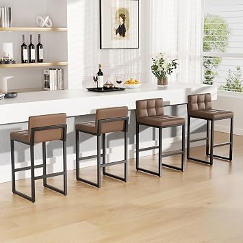 24" Bar Stools Set of 4, Modern Faux Leather Counter Height Bar Stools with Low Back and Footrest, Sturdy Thickened Metal Leg, Upholstered Kitchen Bar Chairs for Island, Coffee