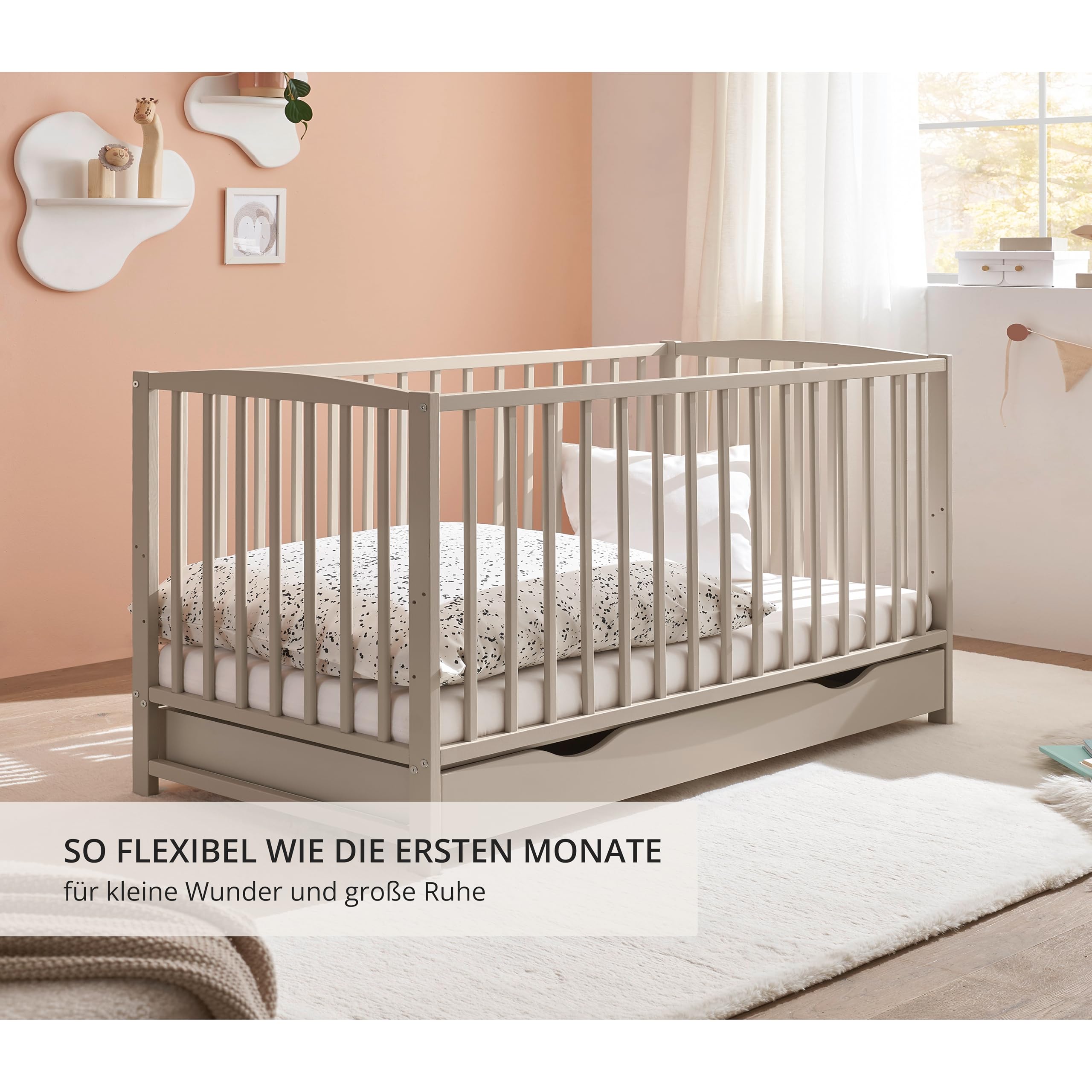 Stella Trading TEFFY Babybett mit Schublade & Umbauseiten in Kaschmir