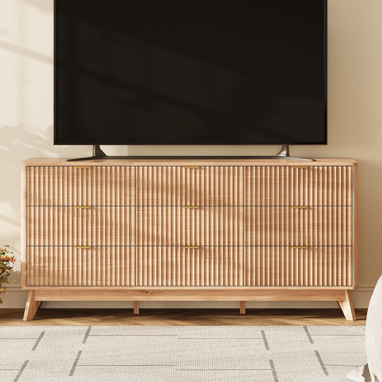 63'' Wide 9 Drawers Dresser for Bedroom,Modern Fluted Vertical Chest with Rounded Corners,Fluted Dresser for Living Room,Hallway, Natural Wood - Image 4