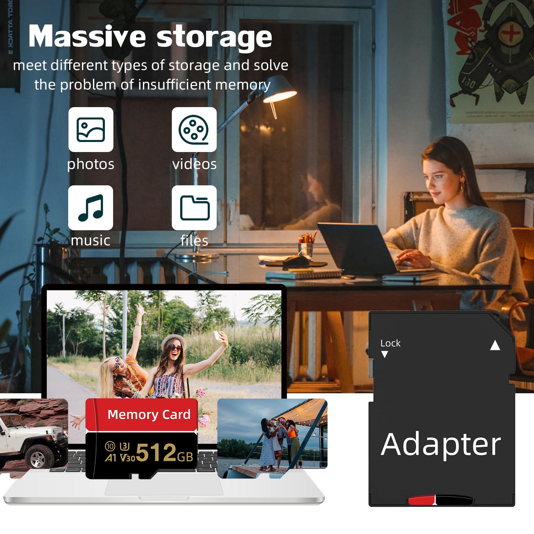 Mini-Speicherkarte 512GB, mit Adapter, Hochgeschwindigkeit Memory Karte, Massive Kapazität TF Karte, Datenspeicherung Speicherkarten für Laptop/Smartphone/Dash-Cam/Drohnen