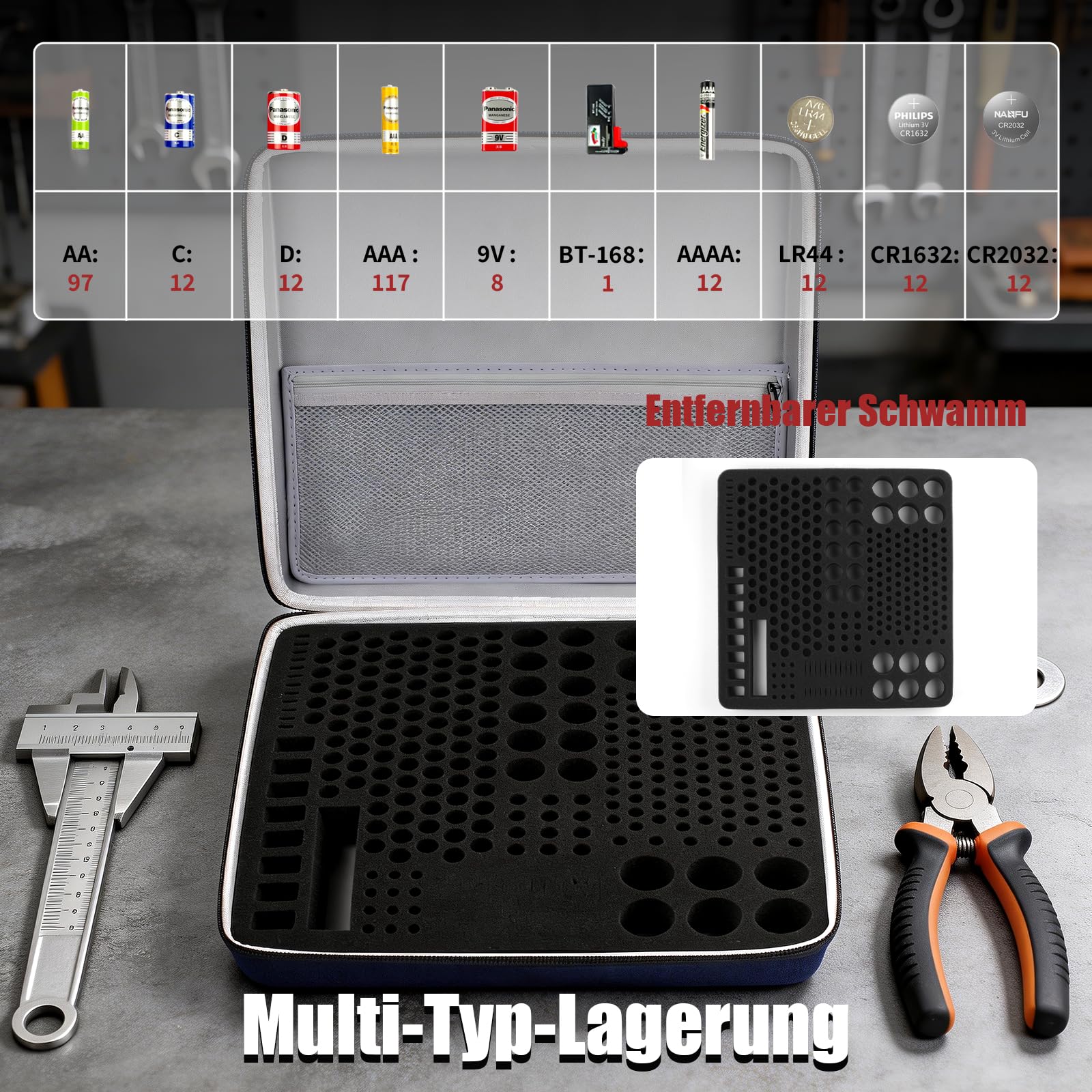 Boobowl Scatola di memoria extra grande, custodia rigida – può contenere fino a 300 batterie AA AAA C D 9 V al litio 3 V con tester per batteria (solo scatola) (X-Large)