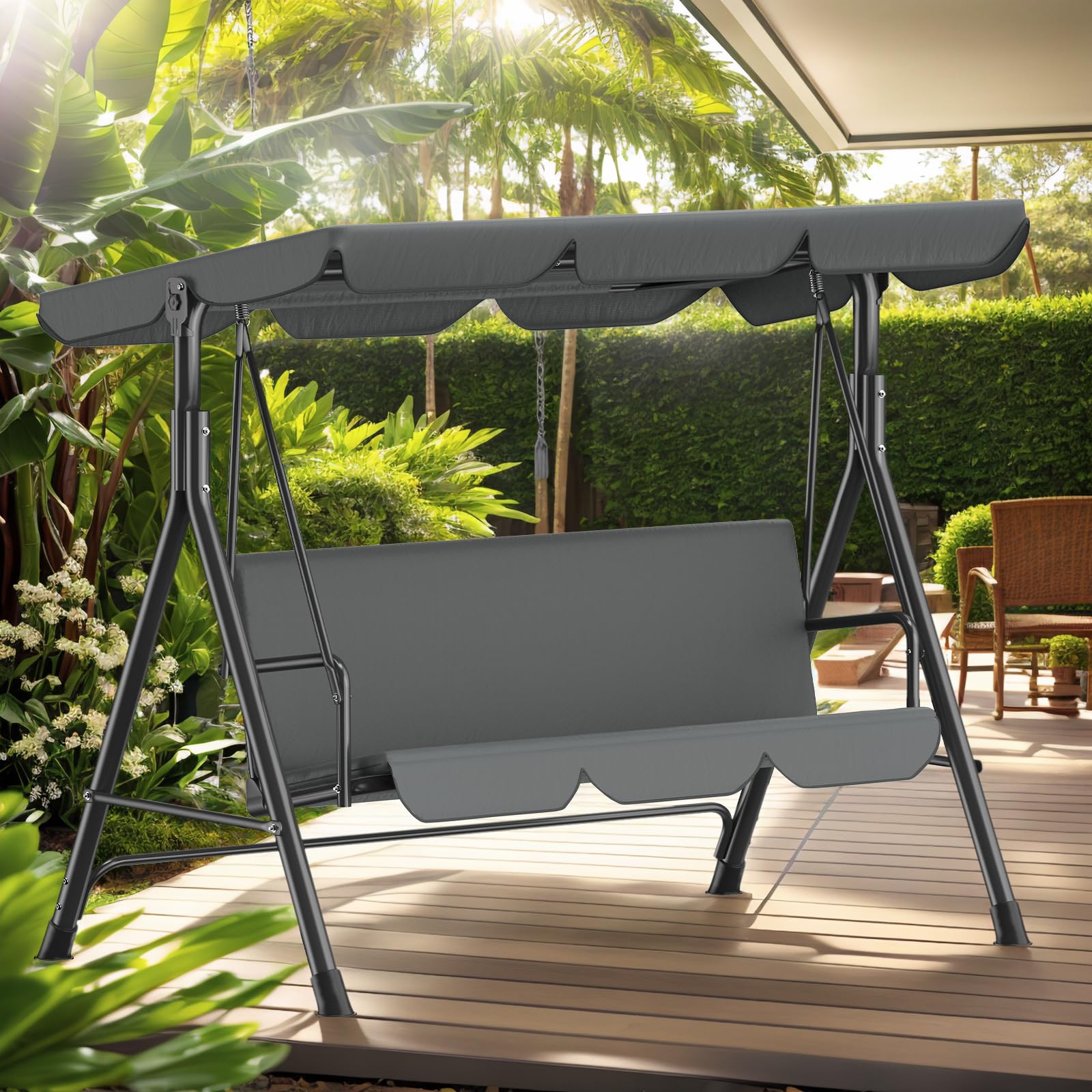 Balancelle Jardin 3 Places,Chaise à Bascule avec Toit Pare-Soleil et Coussin Amovible,Chaise de Jardin,Structure Métallique Stable,Charge 270 kg,Banc à Bascule pour Extérieur,175x110x152cm,Anthracite