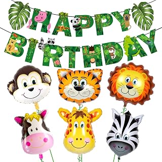 Zyozique Jungle Safari Happy Birthday Decoration Kids,Animal Birthday Party Decoration Paper Banner with Latex Balloons, Cake Topper and Cup Cake Topper for (Pack of 7)
