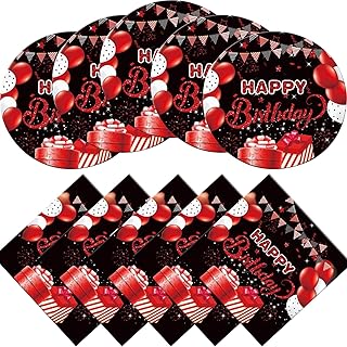 Red and Black Birthday Party Tableware Supplies Set, 20 Plates and 20 Napkins, Red Birthday Party Confetti Sprinkles Happy Birthday Party Decorations for Men Women