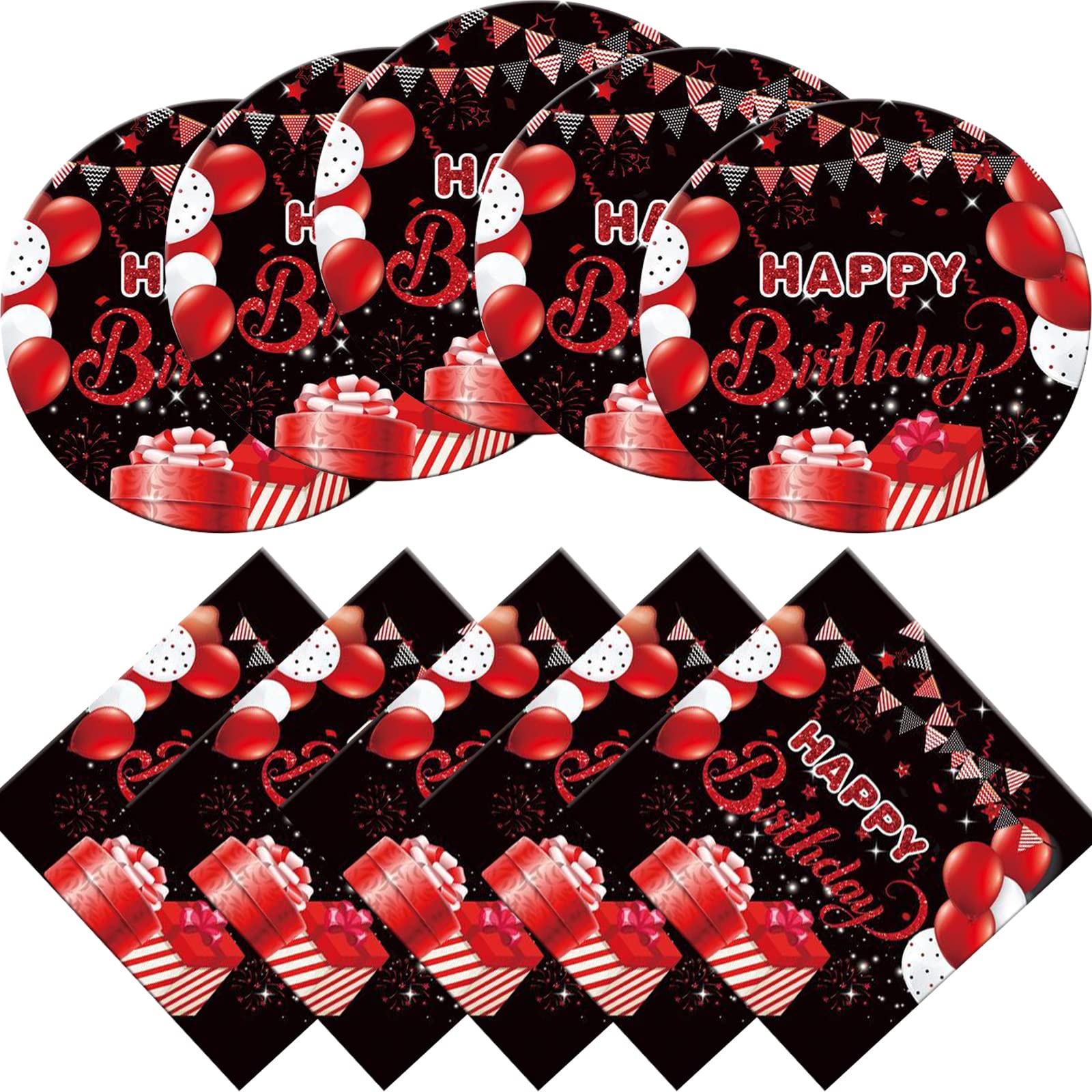 Red and Black Party Tableware Set, 20 Plates and Napkins, Confetti Sprinkles, Party Decorations