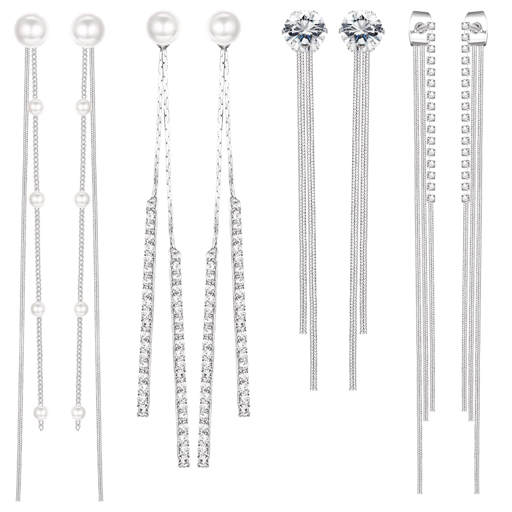YADOCA 4 Pares Pendientes Largos Borla para Mujeres Niñas Pendientes de Cadena de Diamantes de Imitación de Perlas de Cristal para Boda Conjunto de Pendientes de Perlas de Plata