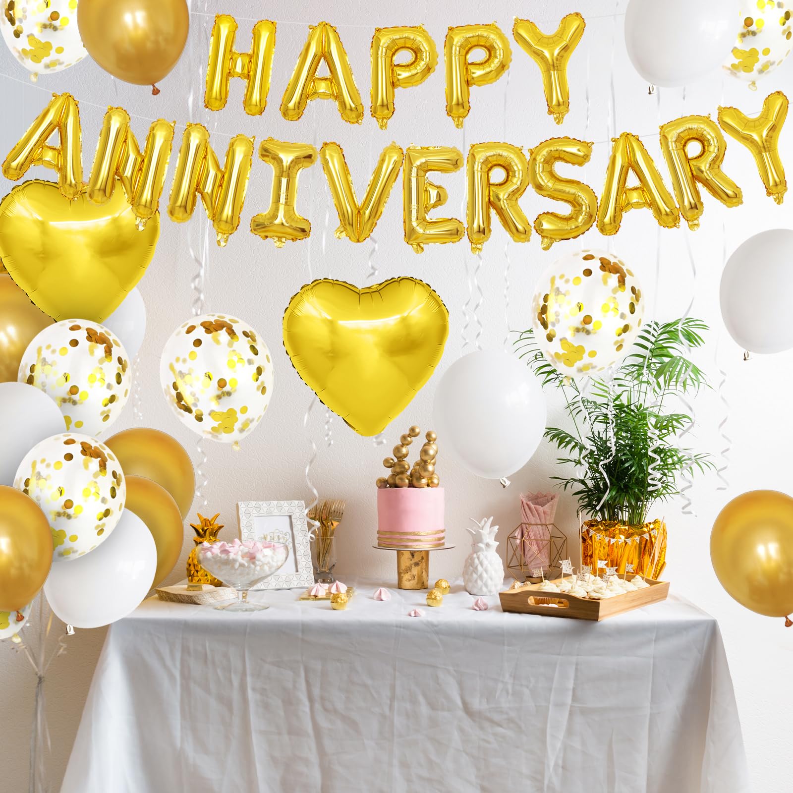 Anniversary Decorations Gold White,Happy Anniversary Foil Balloon Banner with Confetti,Latex,Foil Heart Balloons for Celebrations Surprise Events Romantic Night Weddings - Image 4