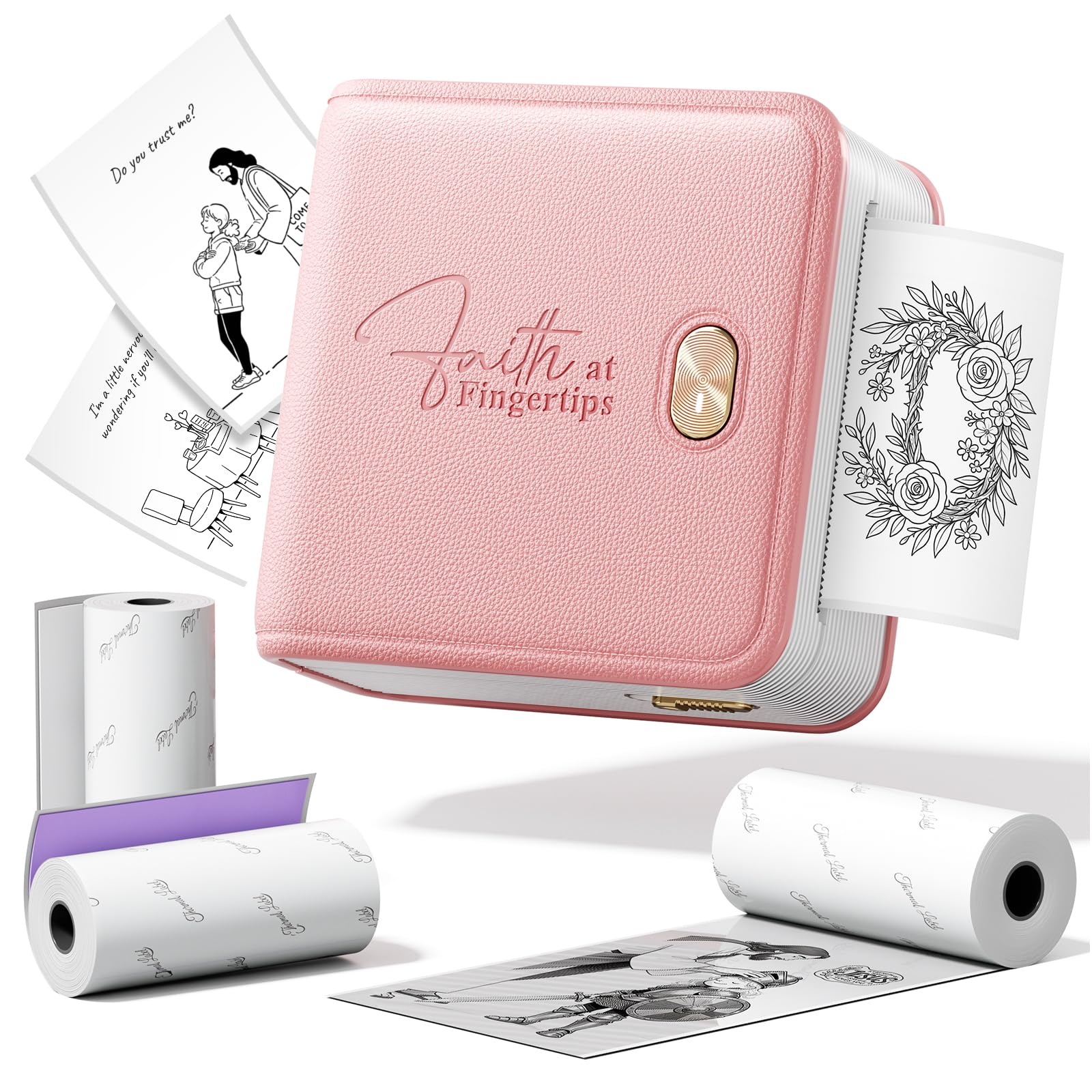 Rosa Bibel Zubehör, Mini Aufkleberdrucker F21 Set für Bibel Journaling, Christliche Geschenke für Frauen, Kinder, Familie und Gruppenstudien, mit 3 Rollen Aufklebern, Oster Geschenk Set