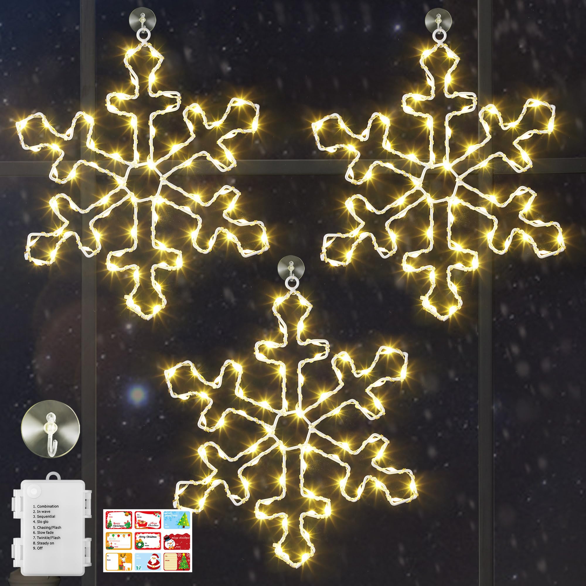 Hiboom Lot de 3 silhouettes lumineuses de Noël à 70 DEL en forme de flocon de neige de 30,5 cm, alimentées par piles, 8 modes d'éclairage pour décoration de Noël (blanc chaud)