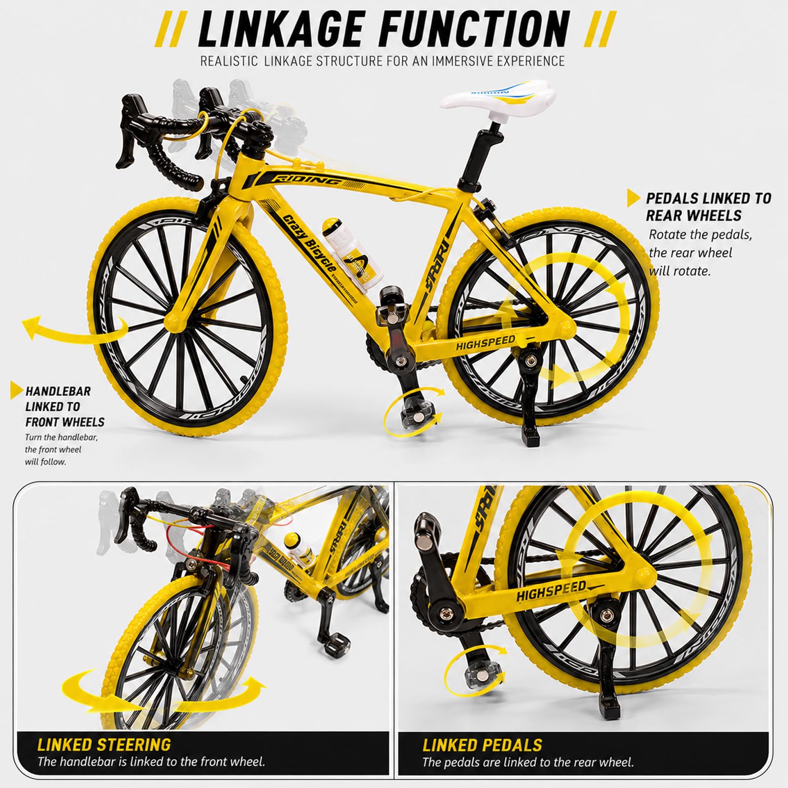 LIULINY DIY Mini Vélo Doigt, 1:8 Modèle de Vélo de Montagne Miniature, Alliage Cool Finger VTT,BMX Jouet, Auto Assemblage Bicicleta en Miniatura Résistant Chutes Ecologique, pour Maison Club (Jaune