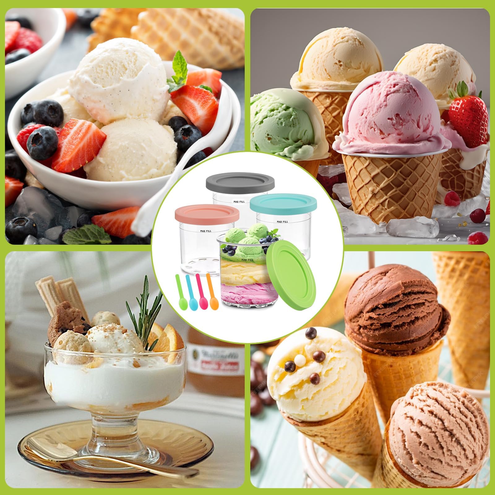 4 Contenedores Creami para Máquina de Helados Ninja, Compatibles con NC301 NC300 NC299, Aptos para Lavavajillas, Antifugas con 4 Tapas y Cucharas Incluidas