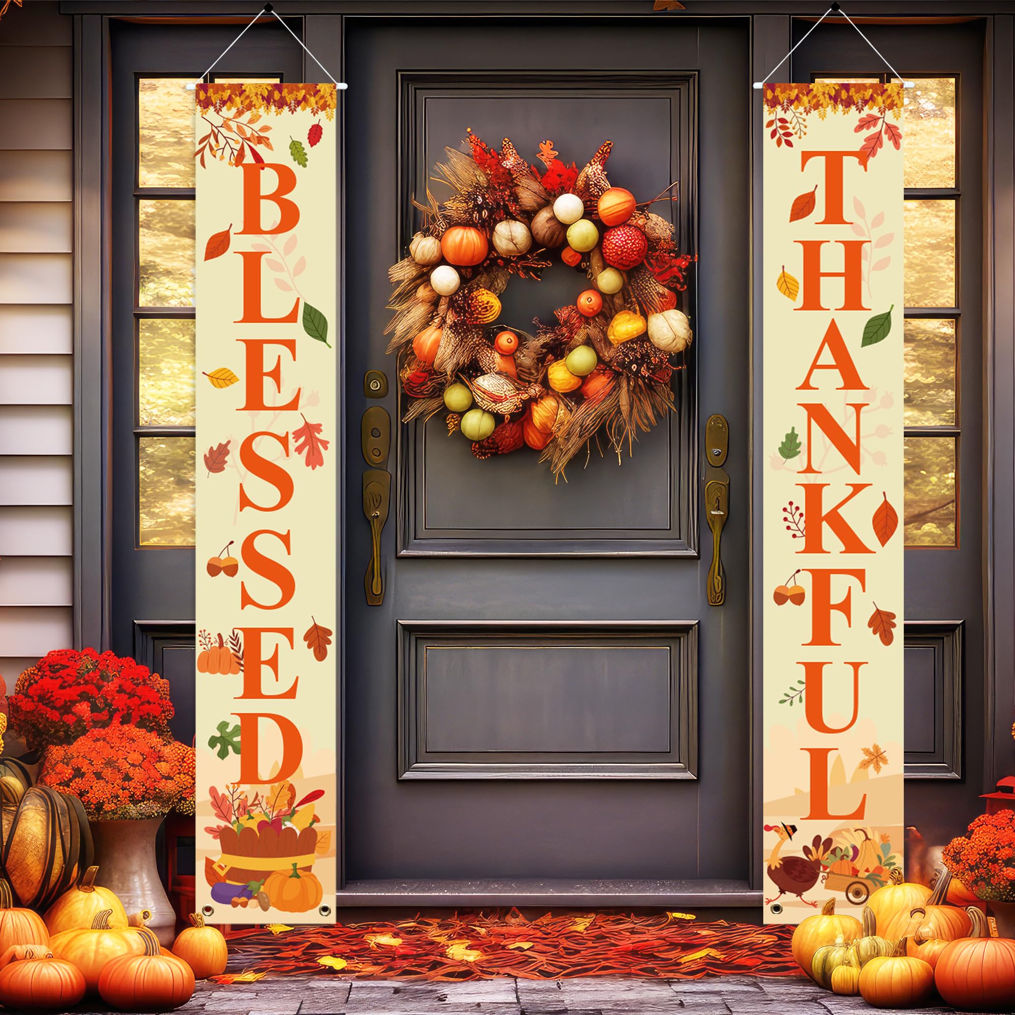 Uniwish Thankful Blessed Porch Banner