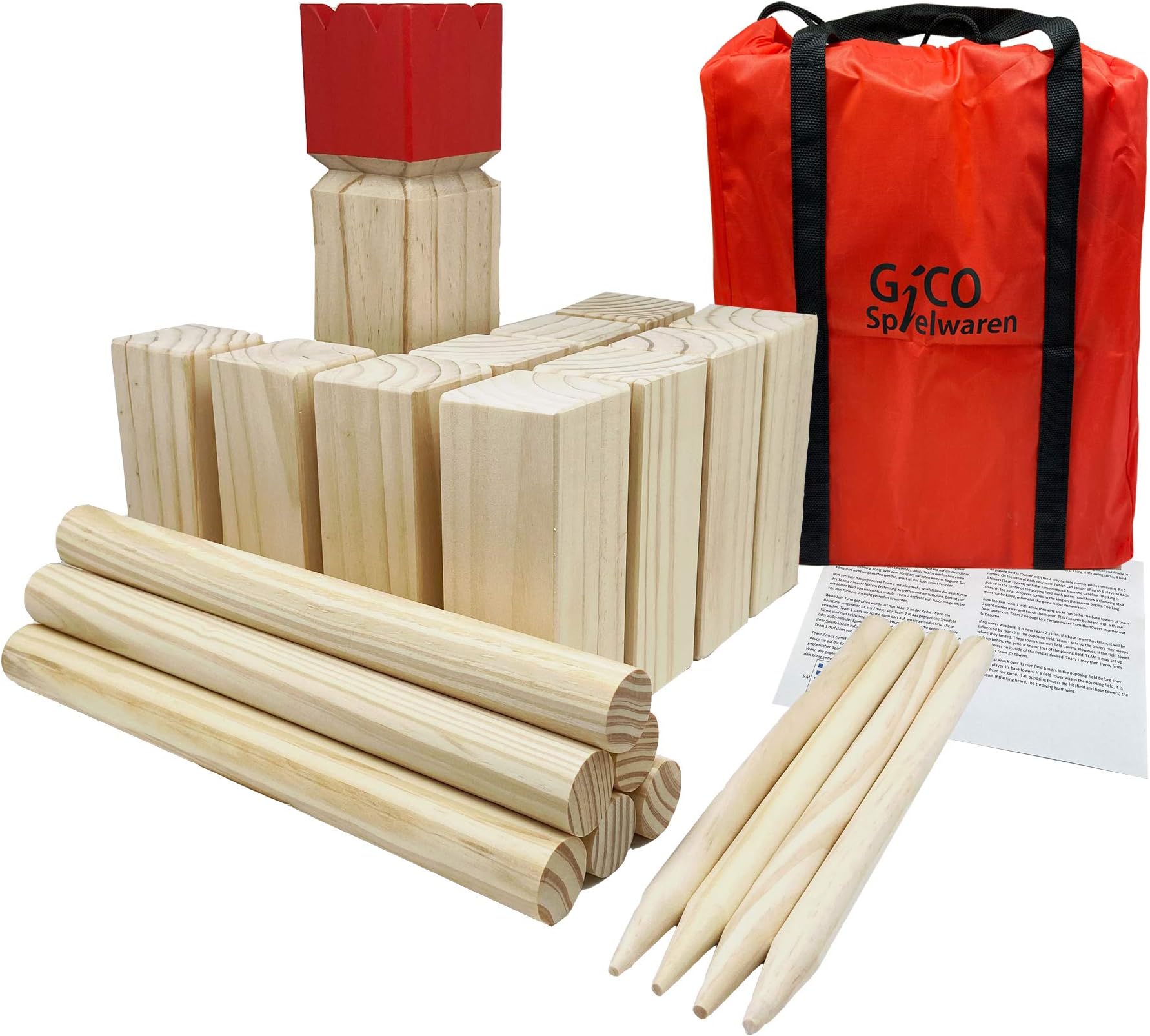 WELLGRO XL Kubb Spel - Massief Hout Met Rode Koning - Viking Werpspel Voor 2-12 Spelers, Incl. Tas & Handleiding