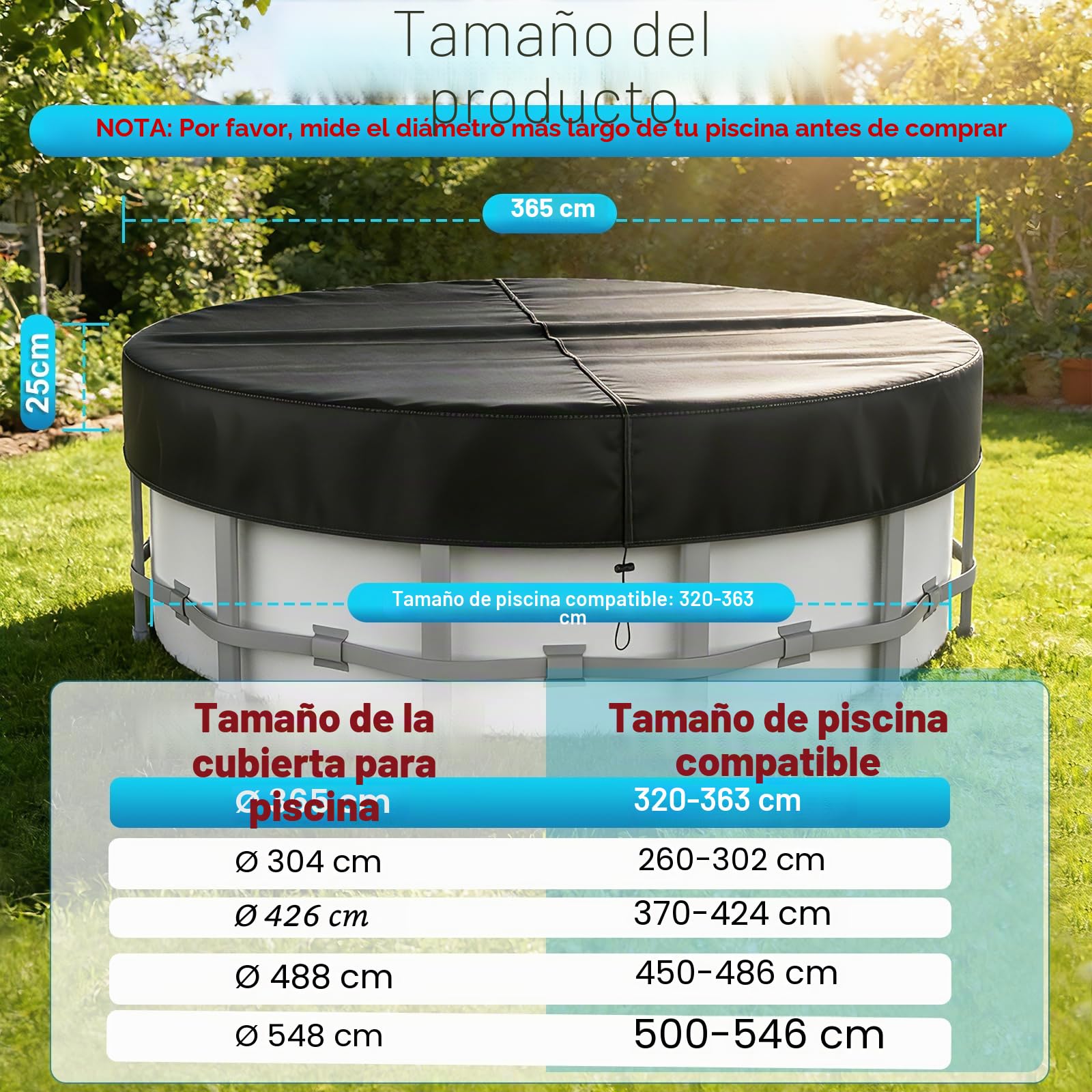Cubierta para Piscina Redonda Ø365, para Piscinas Ø320-363 cm, Lona para Piscina con Cordón y Estacas, Oxford Lona Piscina con Protección UV, Hermética al Polvo, para Piscinas Elevadas y Trampolines