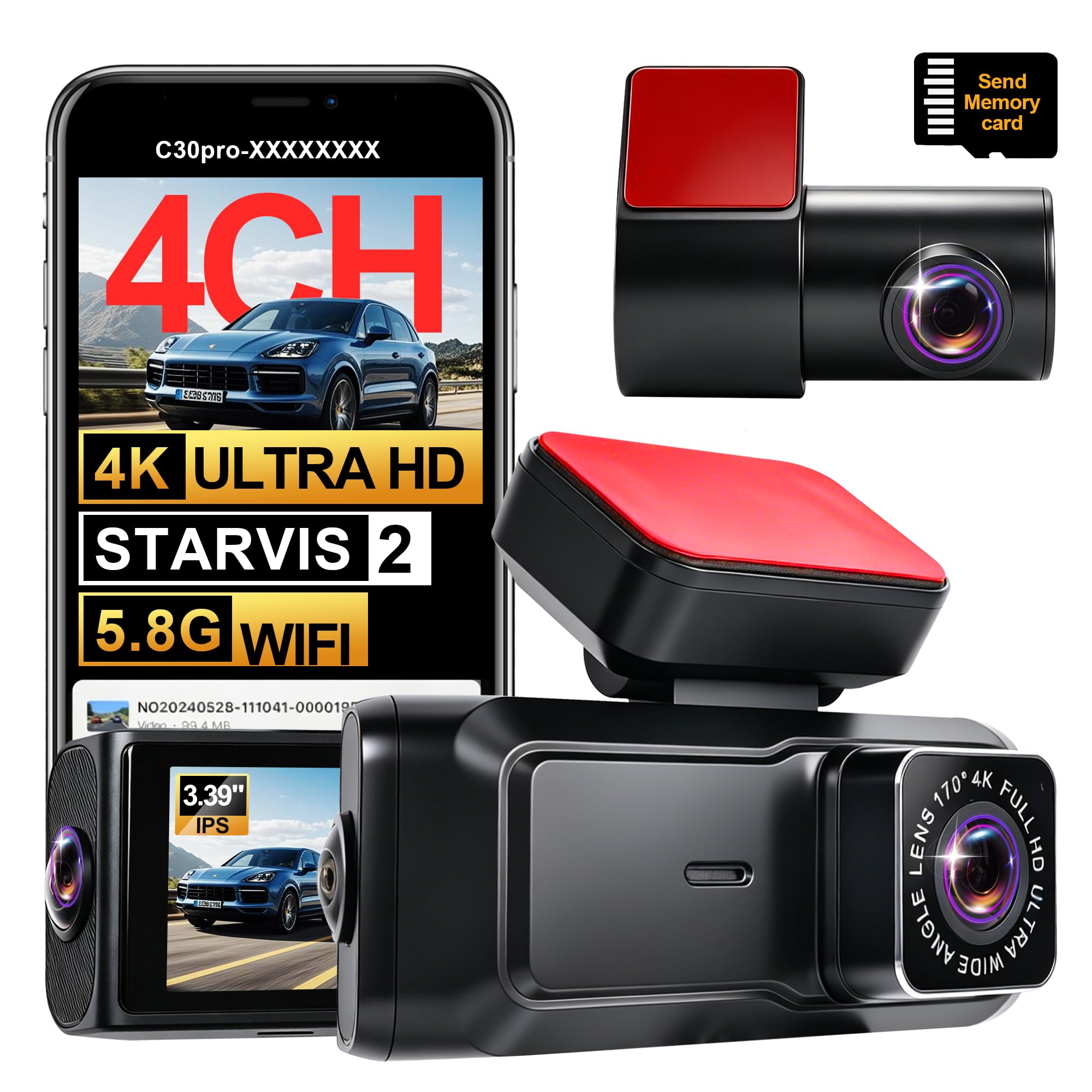 Photo 1 of 4 Channel 4K Dash Cam - 360° Panoramic Front Rear Inside Camera, STARVIS 2 Night Vision, 5.8GHz WiFi, 170° Wide Lens, 24hr Parking Monitor, G?Sensor, Included 64GB SD Card for Private Drivers