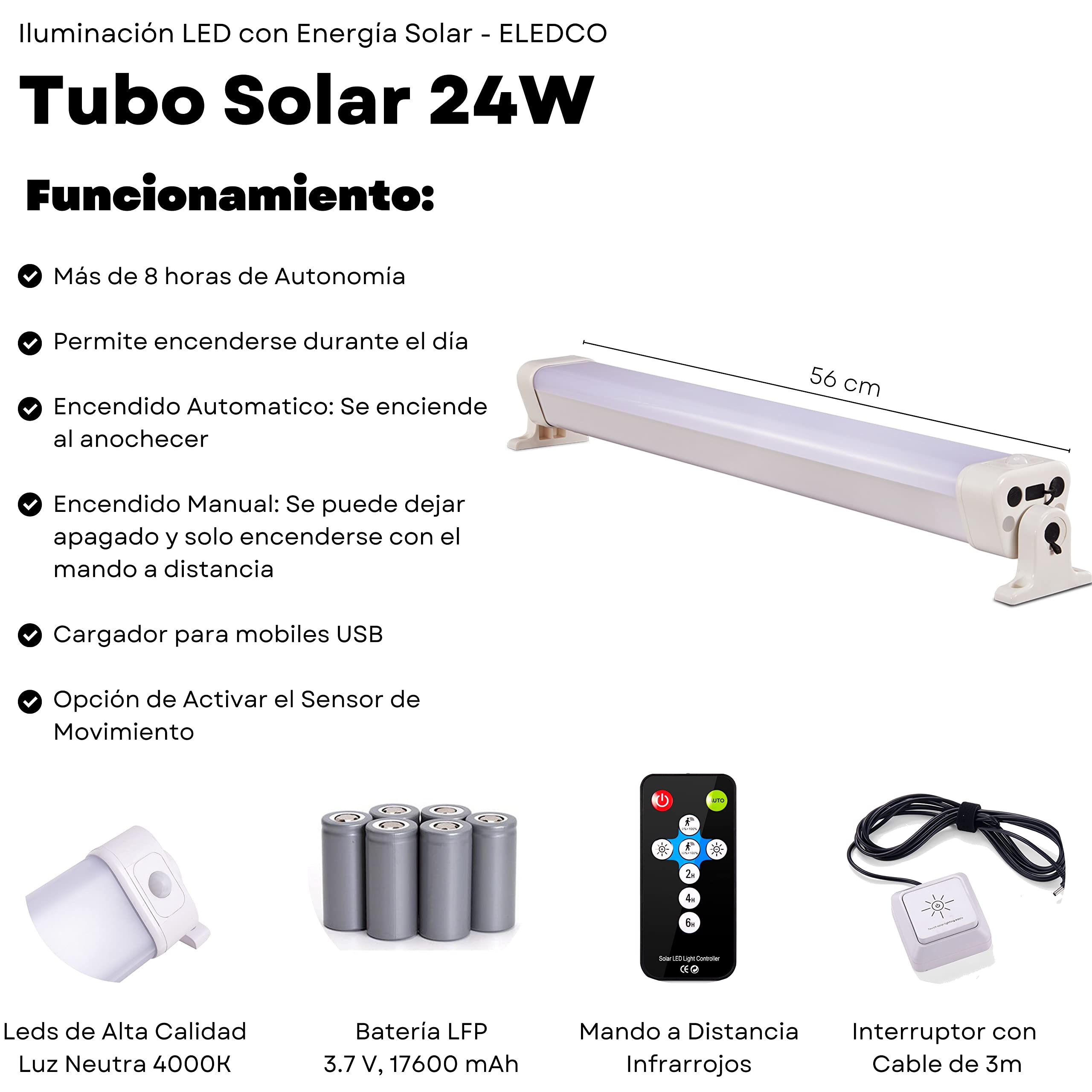 Lámpara Solar 24W, Tubo LED con Mando a Distancia, Interruptor, Sensor de Movimiento y Cargador USB, Luz Neutra 4000K (24 Vatios)