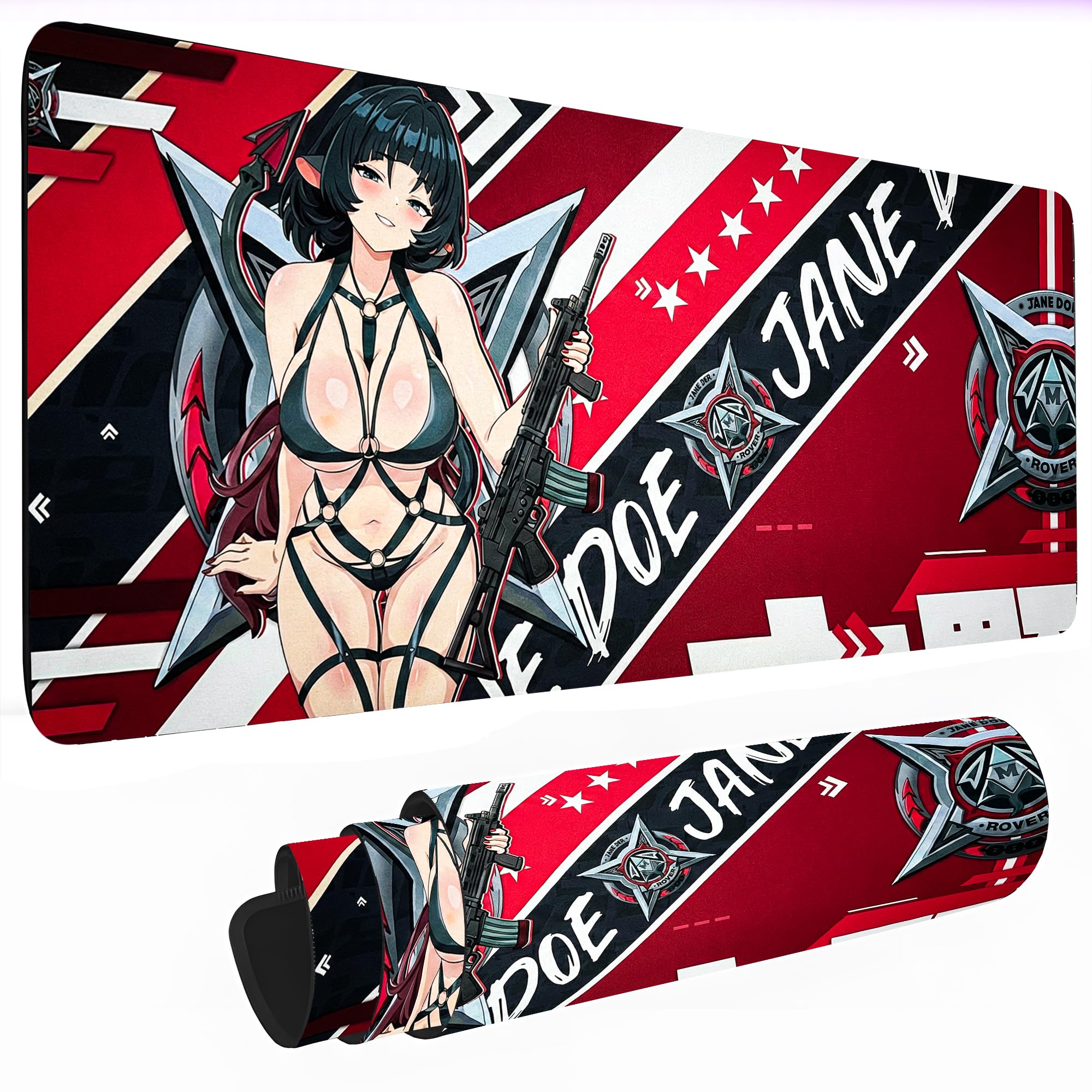 anime gaming mouse pad, large extended desk mat, red and black design, for writing and laptop use, jane doe, zenless zone zero, zzz
