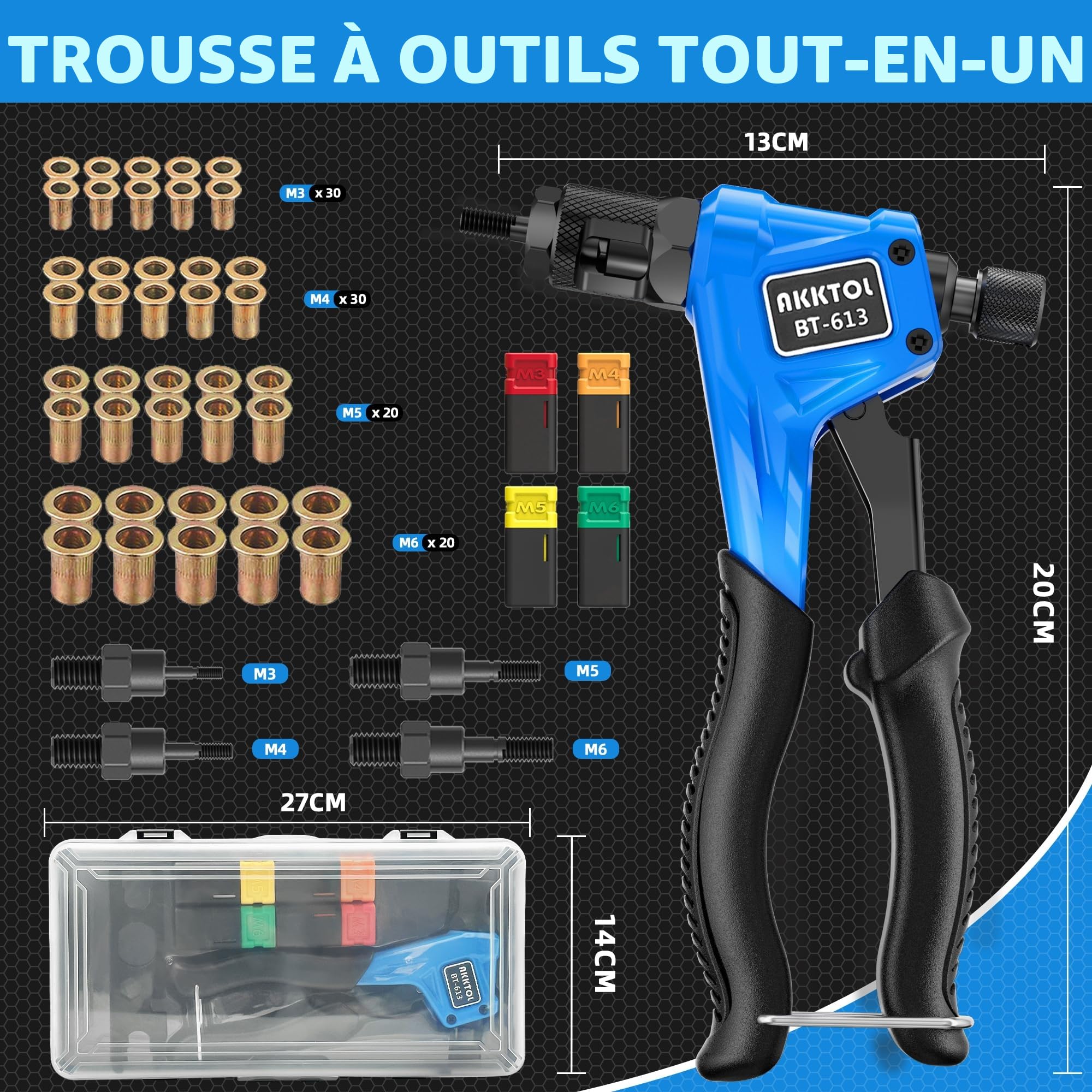 AKKTOL Pince a Insert Fileté, Pince a Insert, Ecrou a Sertir avec 100 Insert Fileté M6 M5 M4 M3, Pince a Sertir Ecrou facile à remplacer, avec étui de Transport, Pince Ecrou professionnel Manuel