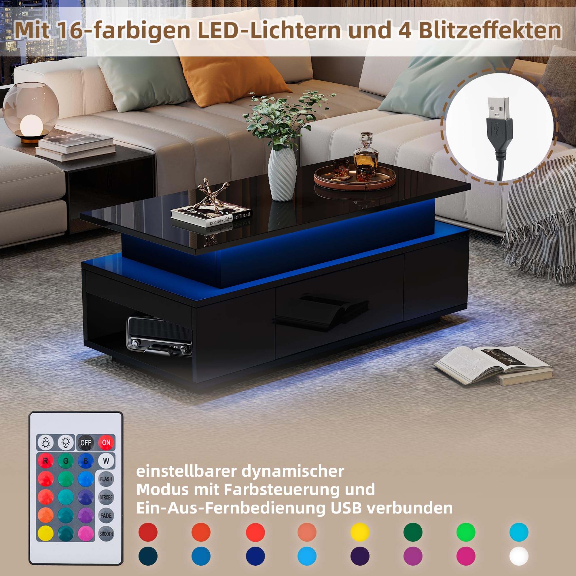 Merax Höhenverstellbarer CouchtischHochglanz Wohnzimmertisch mit LED Beleuchtung, Lift-Top Kaffeetisch mit Schublade,Ablagefächern, Sofatisch für Wohnzimmer,96 x 45 x 40 cm, Schwarz