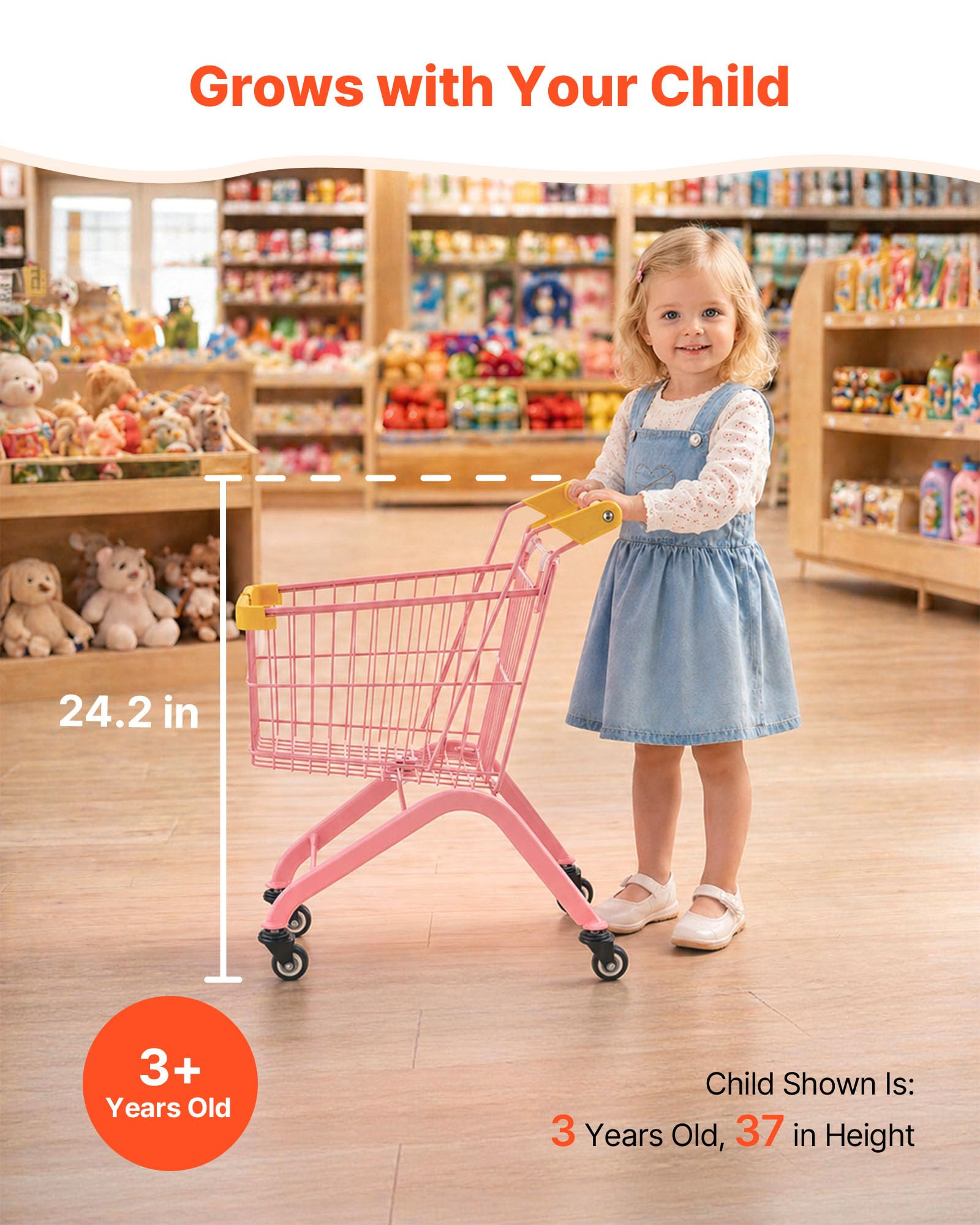 VEVOR Einkaufswagen für Kinder, Einkaufswagen Supermarkt Spielzeug mit Stahlrahmen 4 Rädern & Dichtem Netzkorb, Faltbares Kaufladenzubehör mit 30kg Belastbarkeit, Kaufmannsladen Spiele für Kinder ab 3