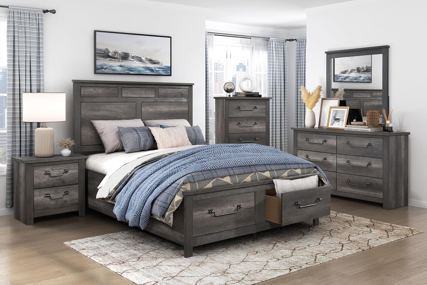 Gray Bedroom Set 6pc Queen Platform Bed 2X Nightstands