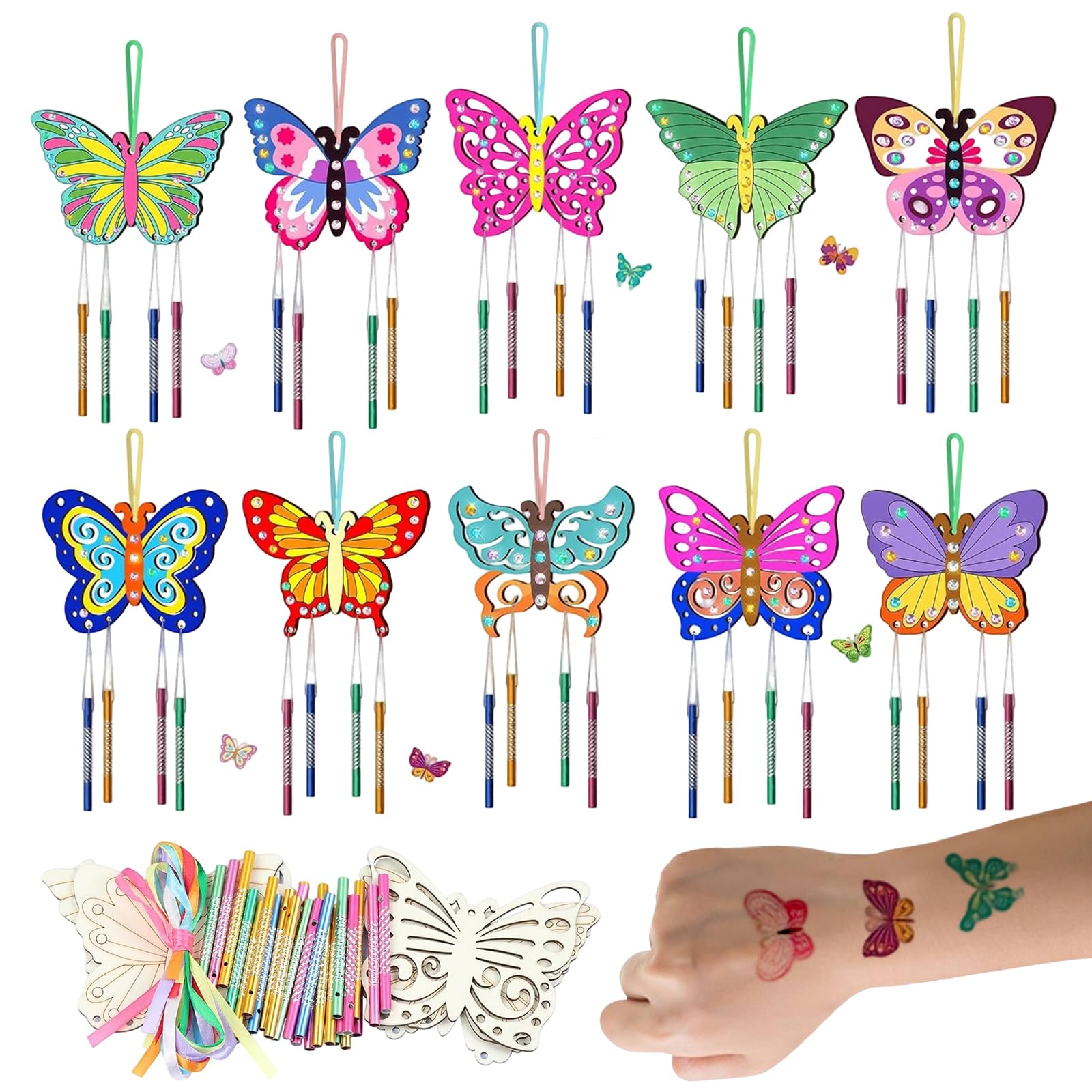 8 PCS Butterflies Wind Chime Crafts, Make Your Own Butterflies WindChime, Birthday Decoration Wood Painting Craft with Hanging, Birthday Gifts for Girls Boys