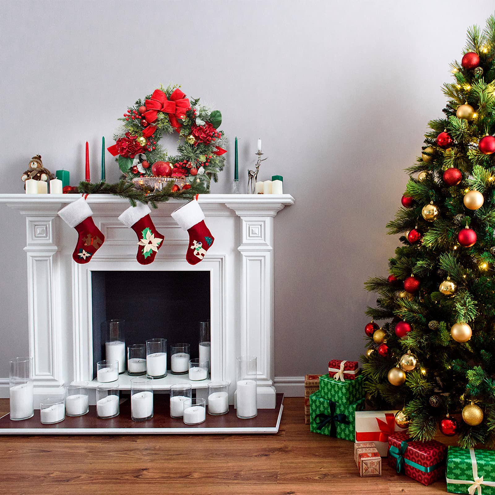 Vofuly Christmas Wreath for Front Door,22 Inch Luxury Red Gold Holiday Door Christmas Wreath, for Holiday and Decoration,Farmhouse Christmas Wreath with Hydrangea and 20 LED Lights