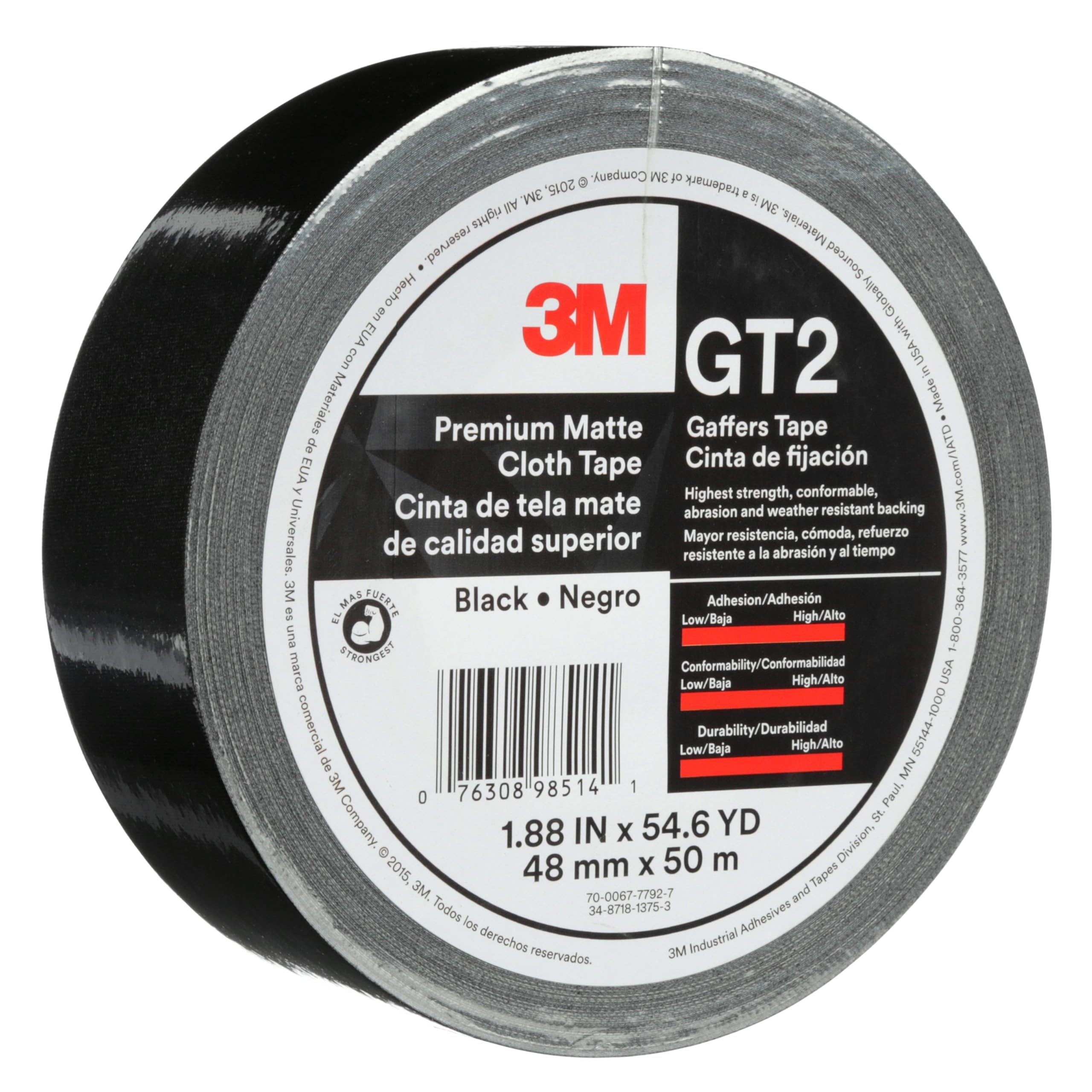 3M Premium Gewebe-Gaffers Tape GT2, schwarz, 48 mm x 50 m, 11 mil